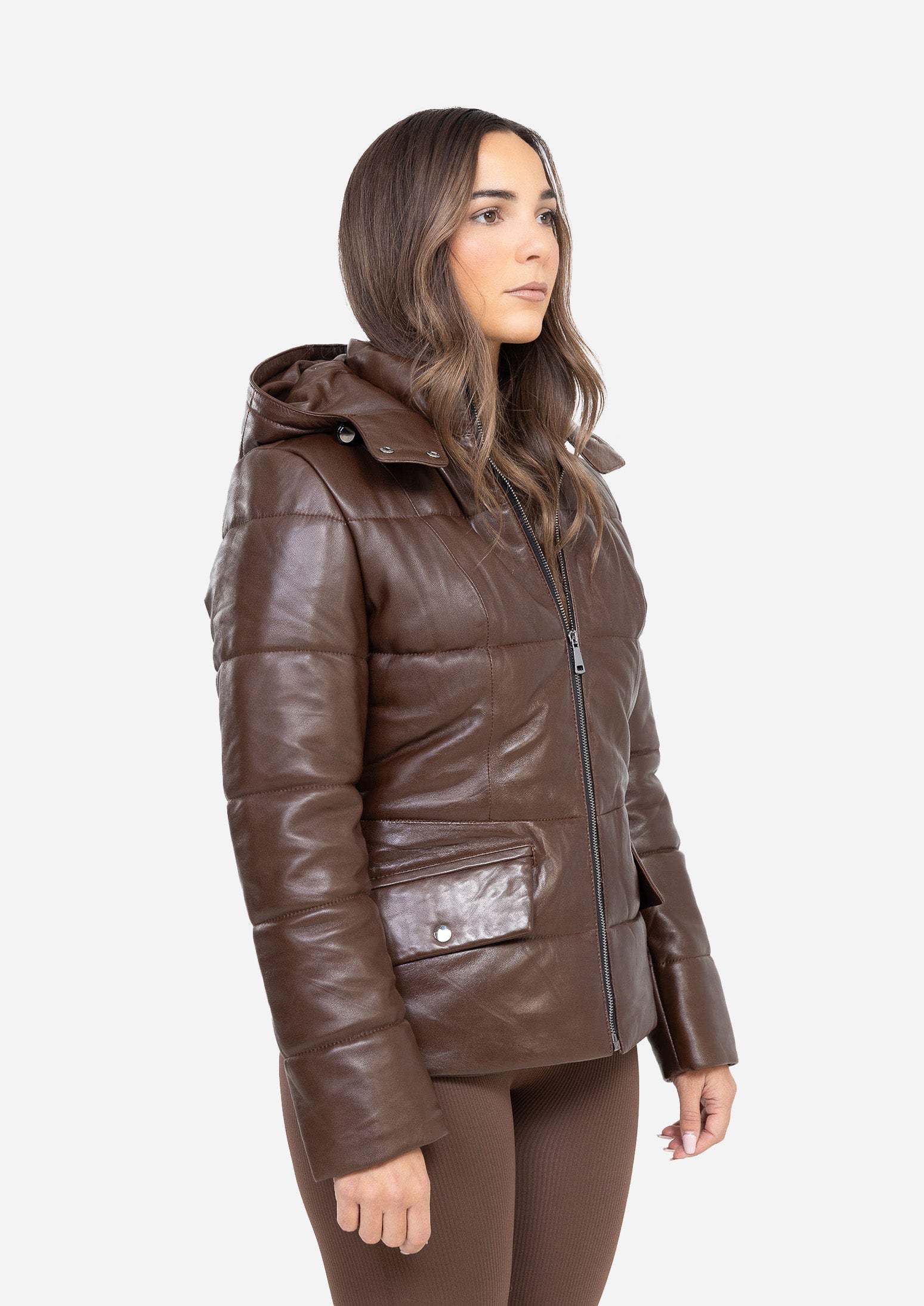 SIERRA HOODED BROWN GENUINE LEATHER PUFFER JACKET