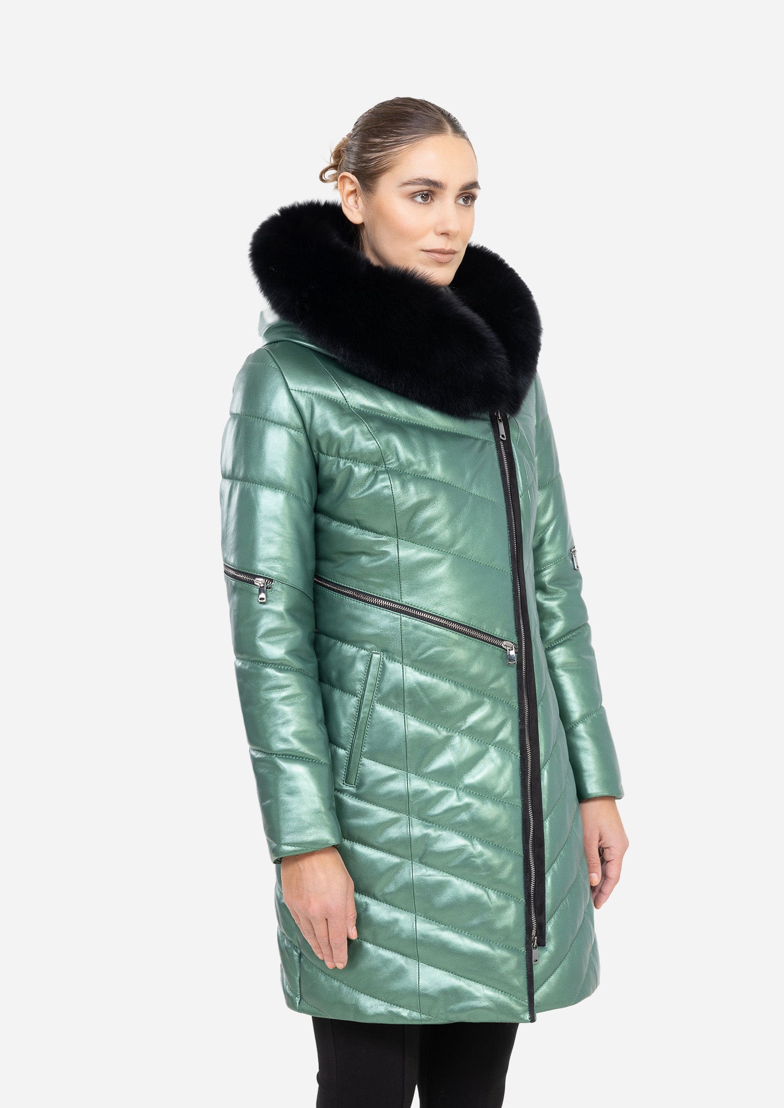 LUNÉVA MINT SAGE – Fur Collar Leather Down Puffer Parka