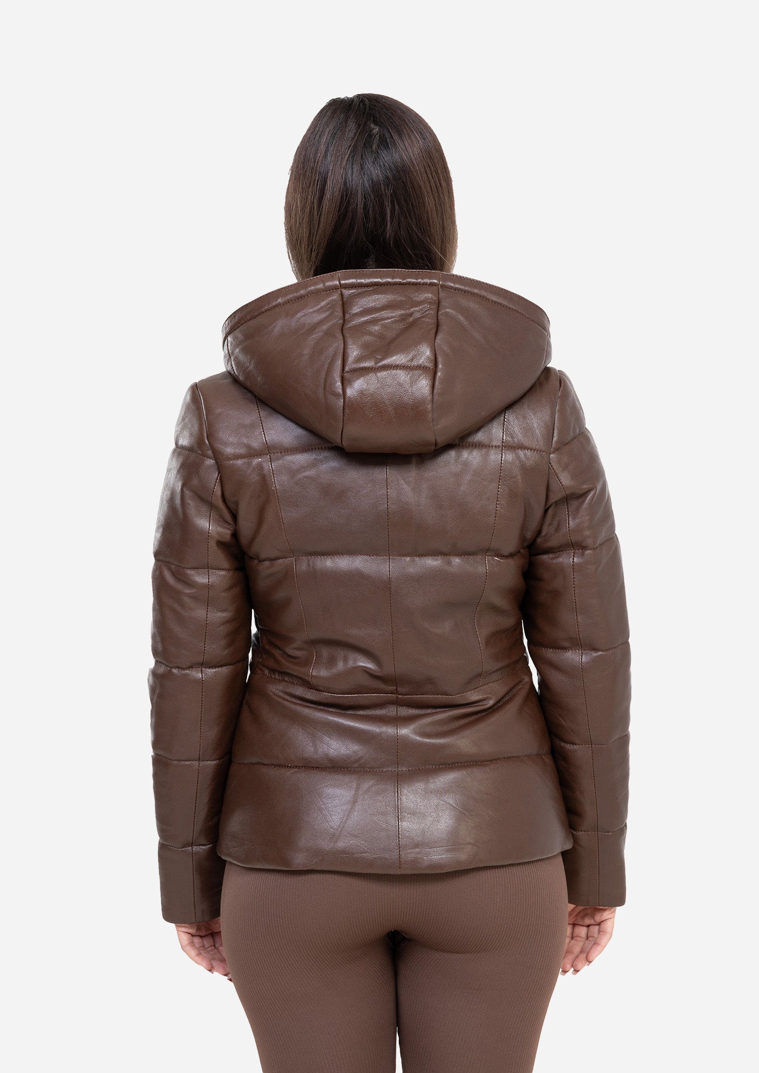 SIERRA HOODED BROWN GENUINE LEATHER PUFFER JACKET