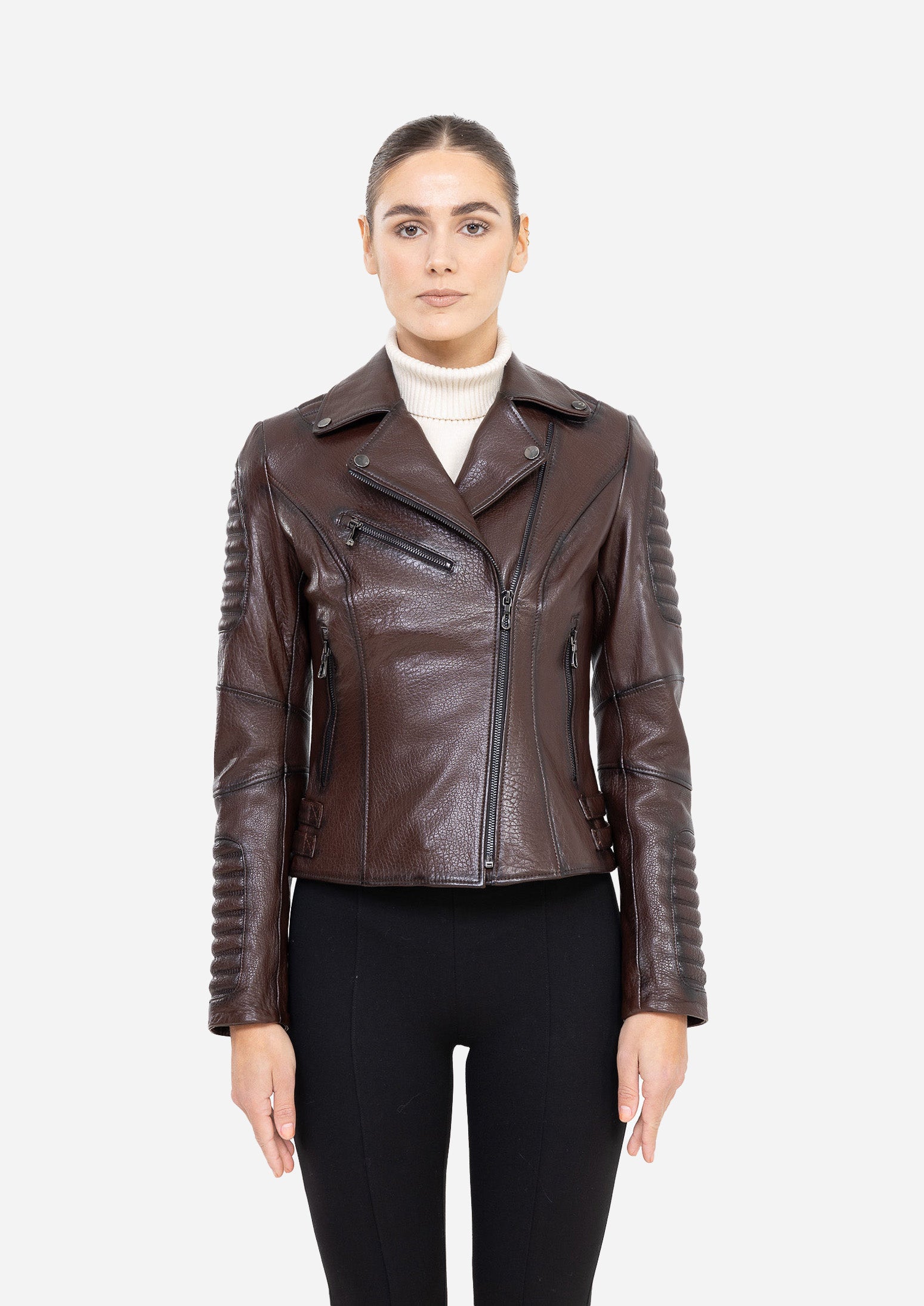 AURELIA NOIR – Ribbed Biker Leather Jacket Brown