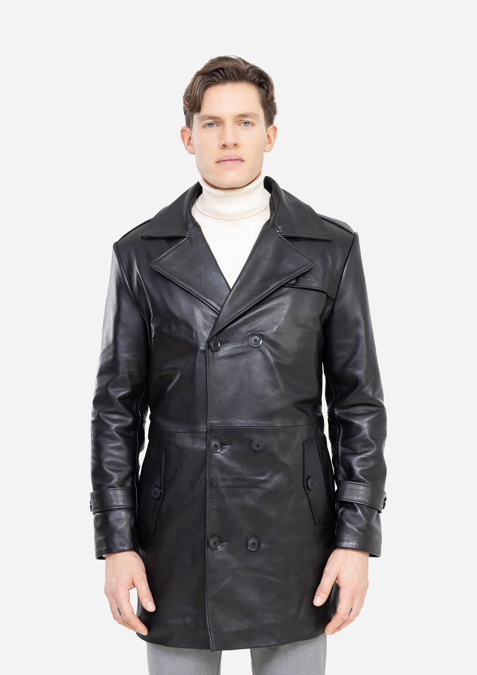 LUCK Black Genuine Lambskin Leather Trench Coat