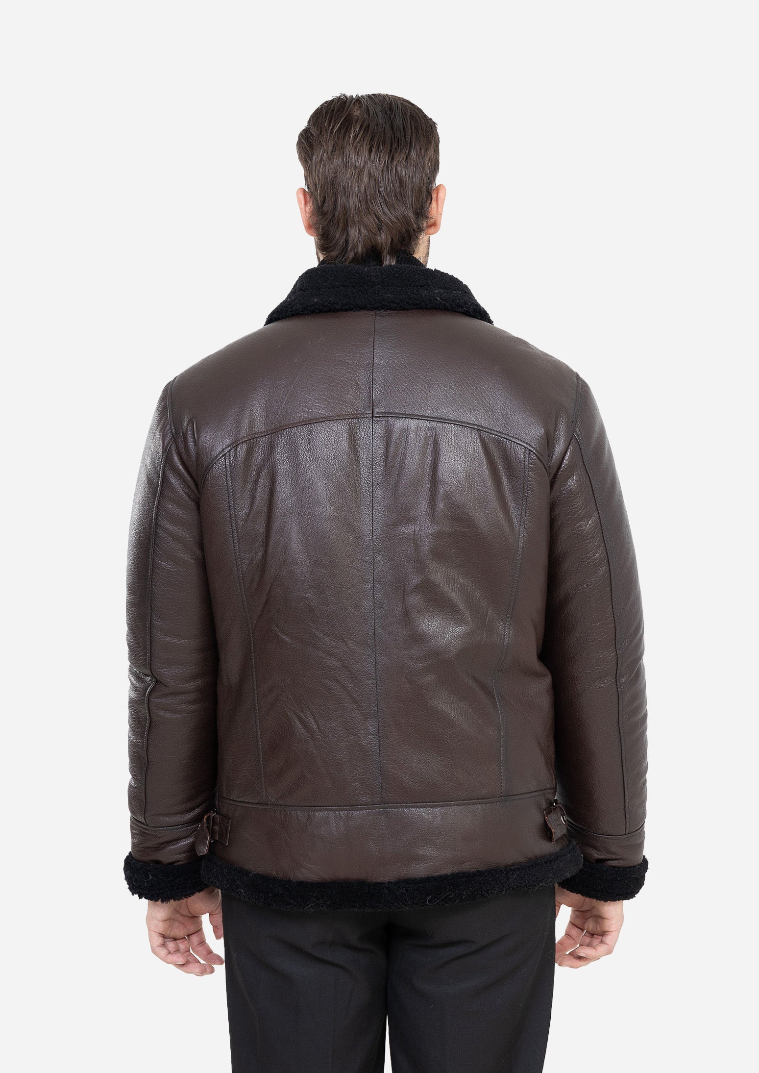 Cortina Genuine Lambskin Brown Leather Aviator Jacket with Authentic Cream Fox Fur Trim