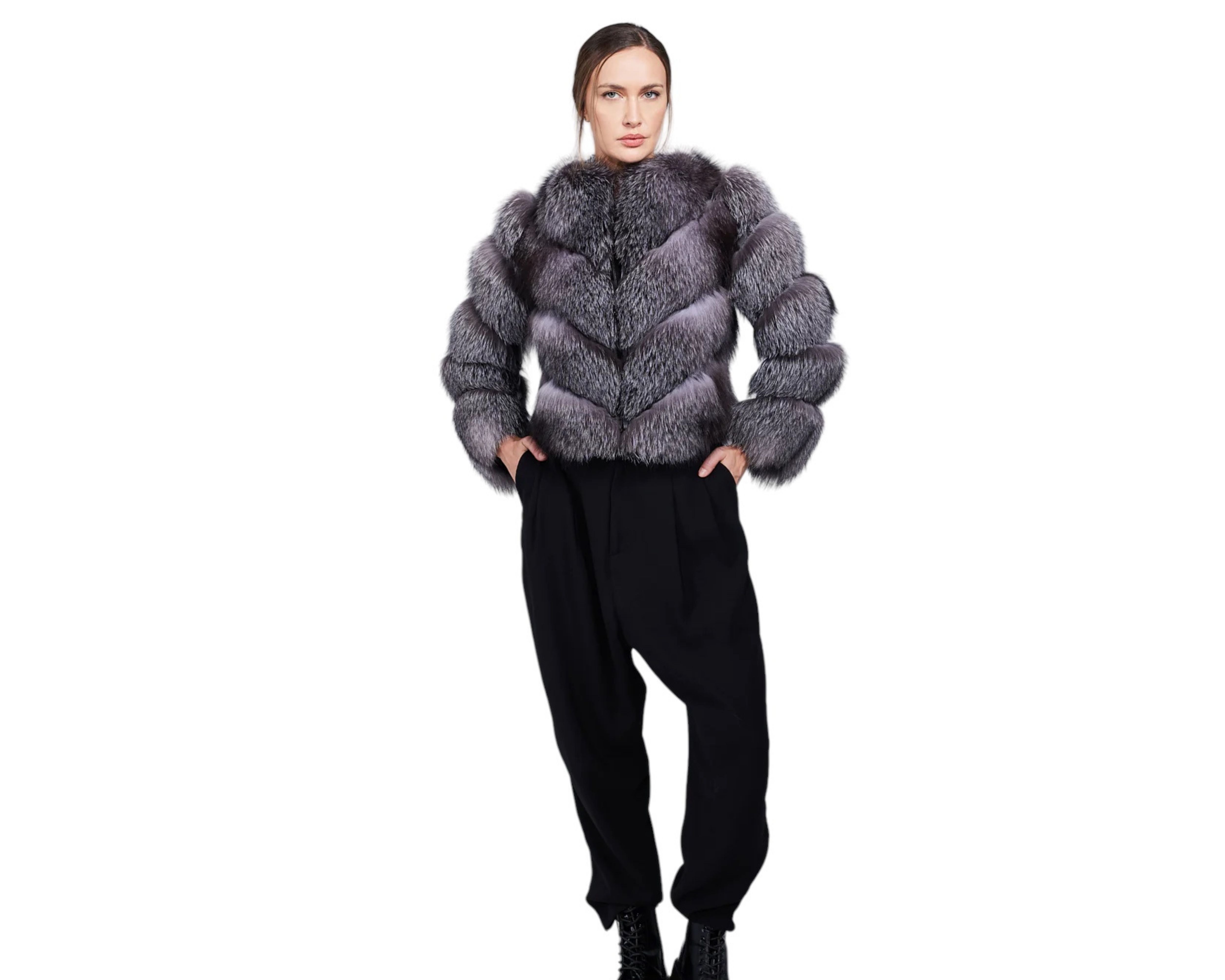 Valenza Silver Women’s Grey Genuine Fox Fur Jacket with Chevron Pattern Design
