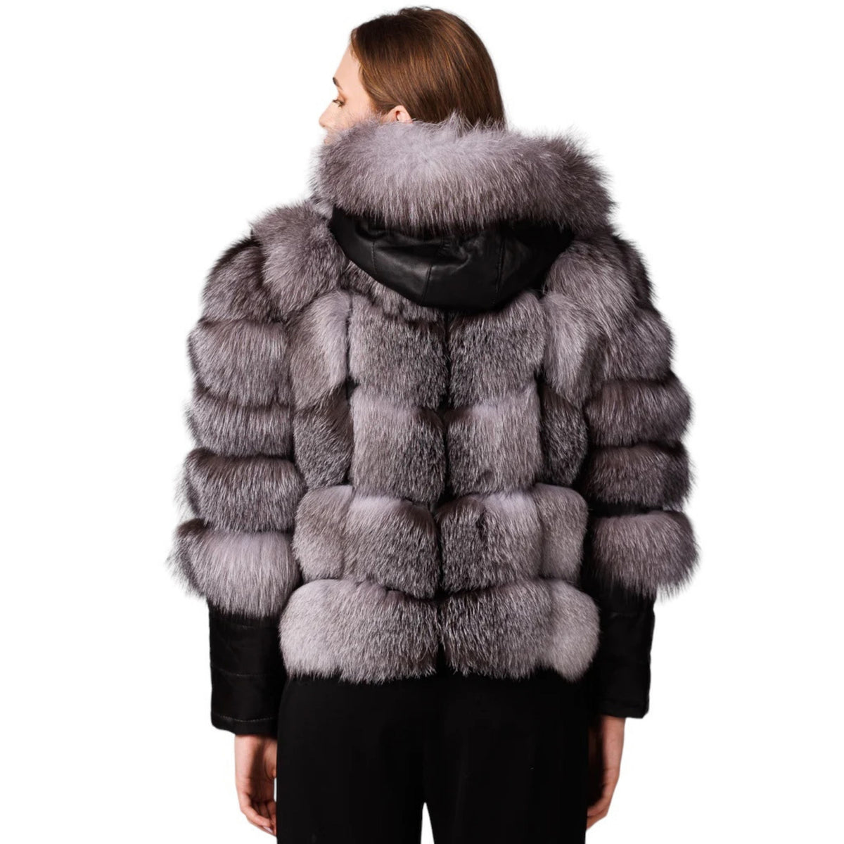 Sorelia Grey Fox Women’s Hooded Genuine Fox Fur Jacket with Leather Details