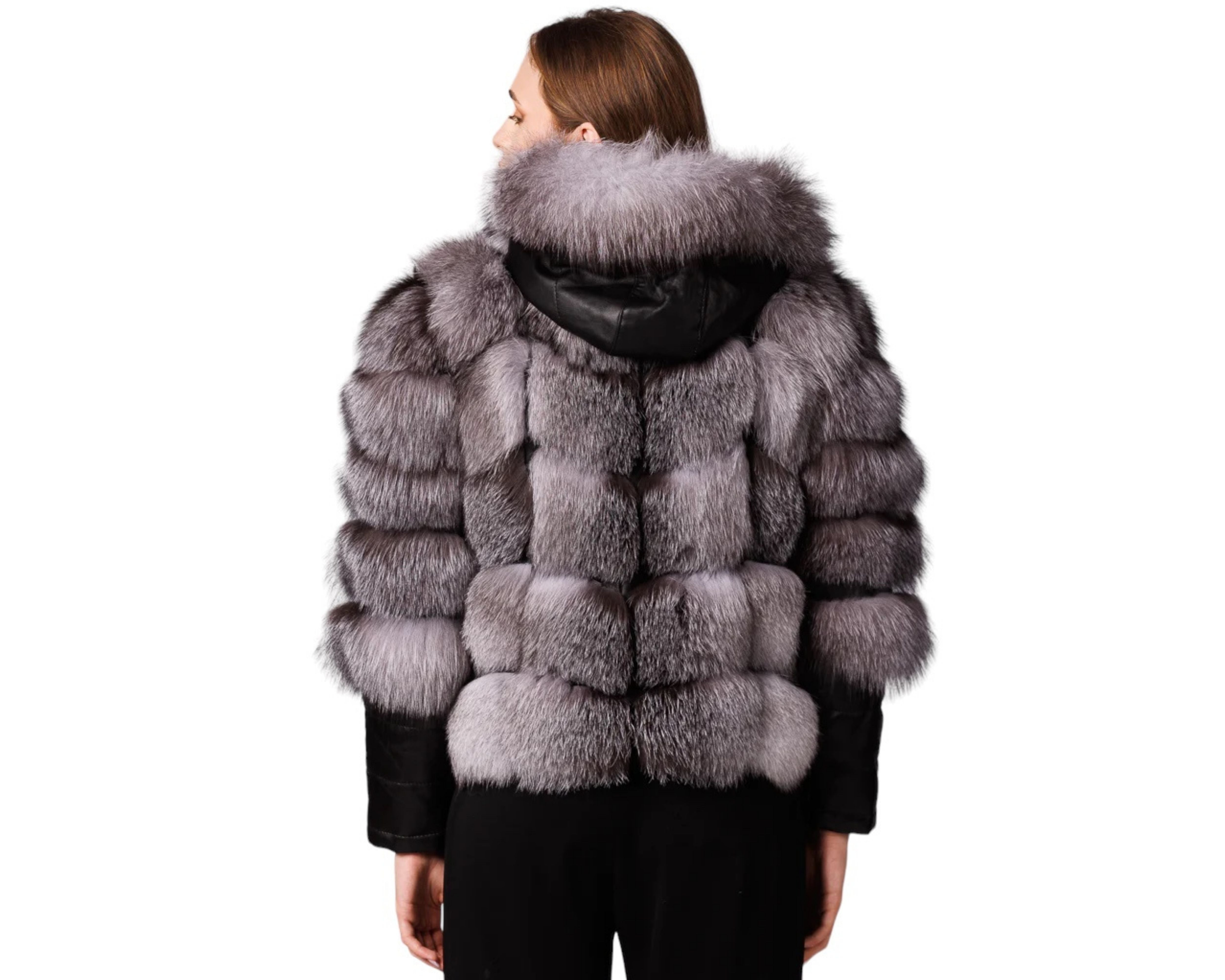 Sorelia Grey Fox Women’s Hooded Genuine Fox Fur Jacket with Leather Details