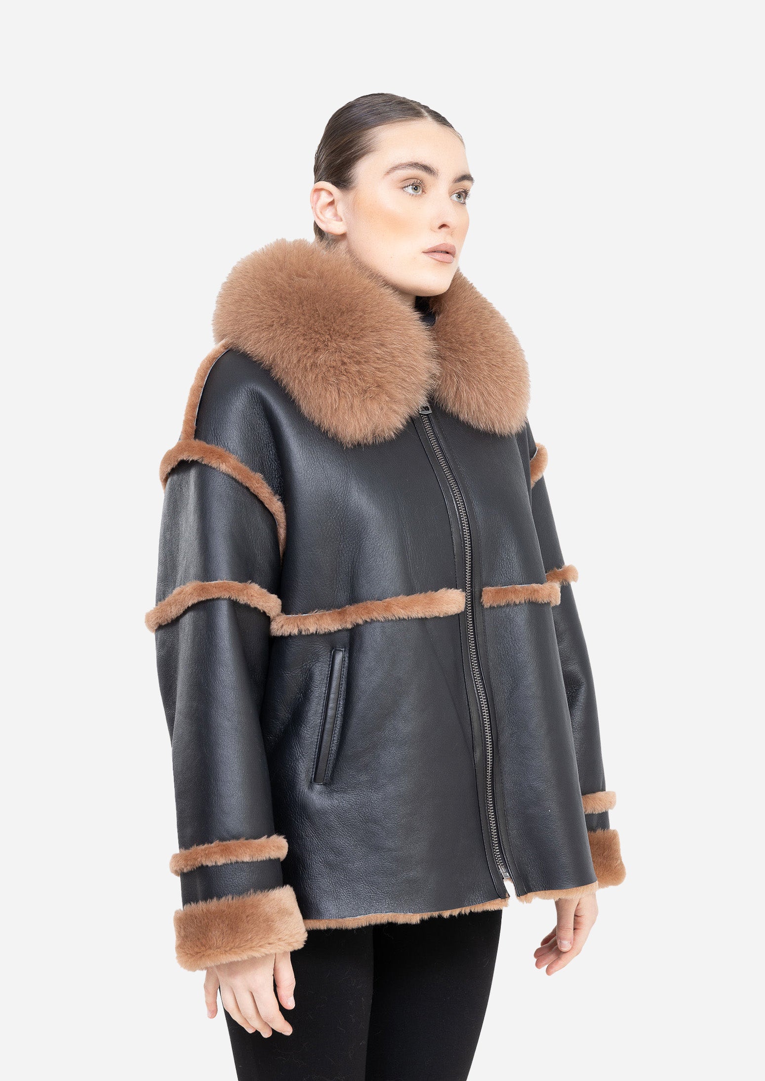 NOIR ÉCLAT – Black Shearling Leather Jacket Black-Brown