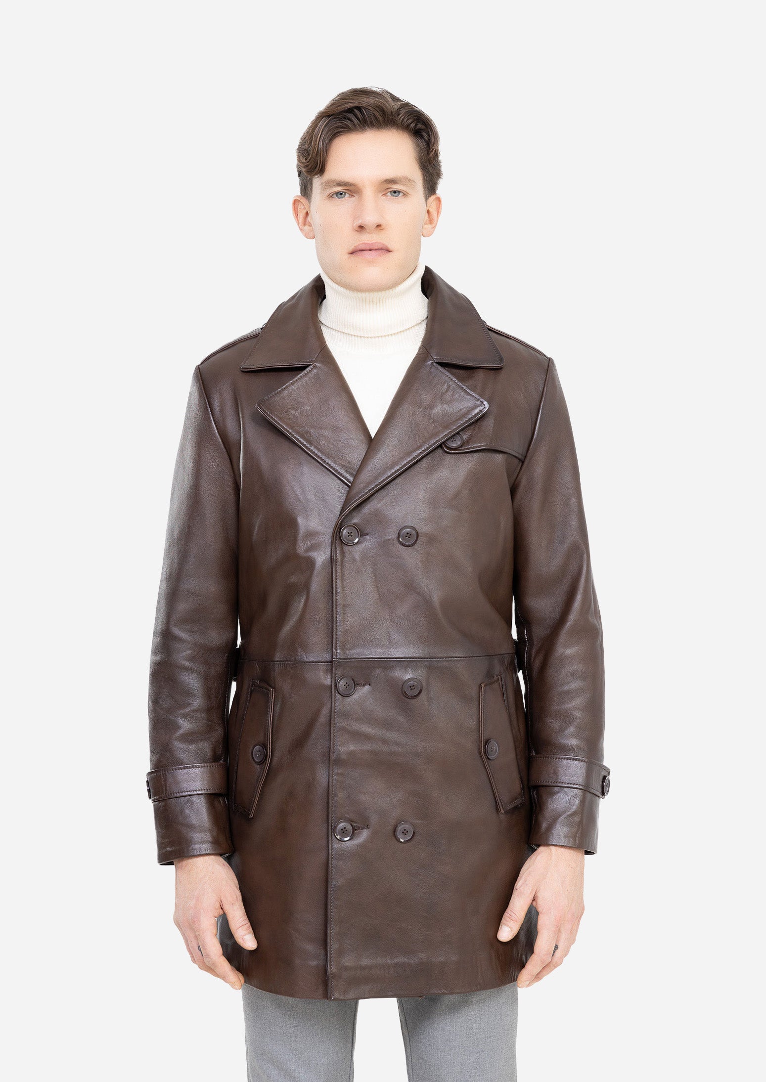 LUCK Brown Genuine Lambskin Leather Trench Coat