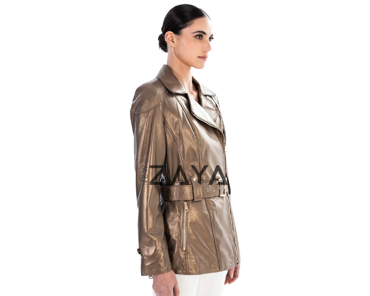 VÉRITÉ NOIR –  Black Belted Leather Trench Jacket Bronze
