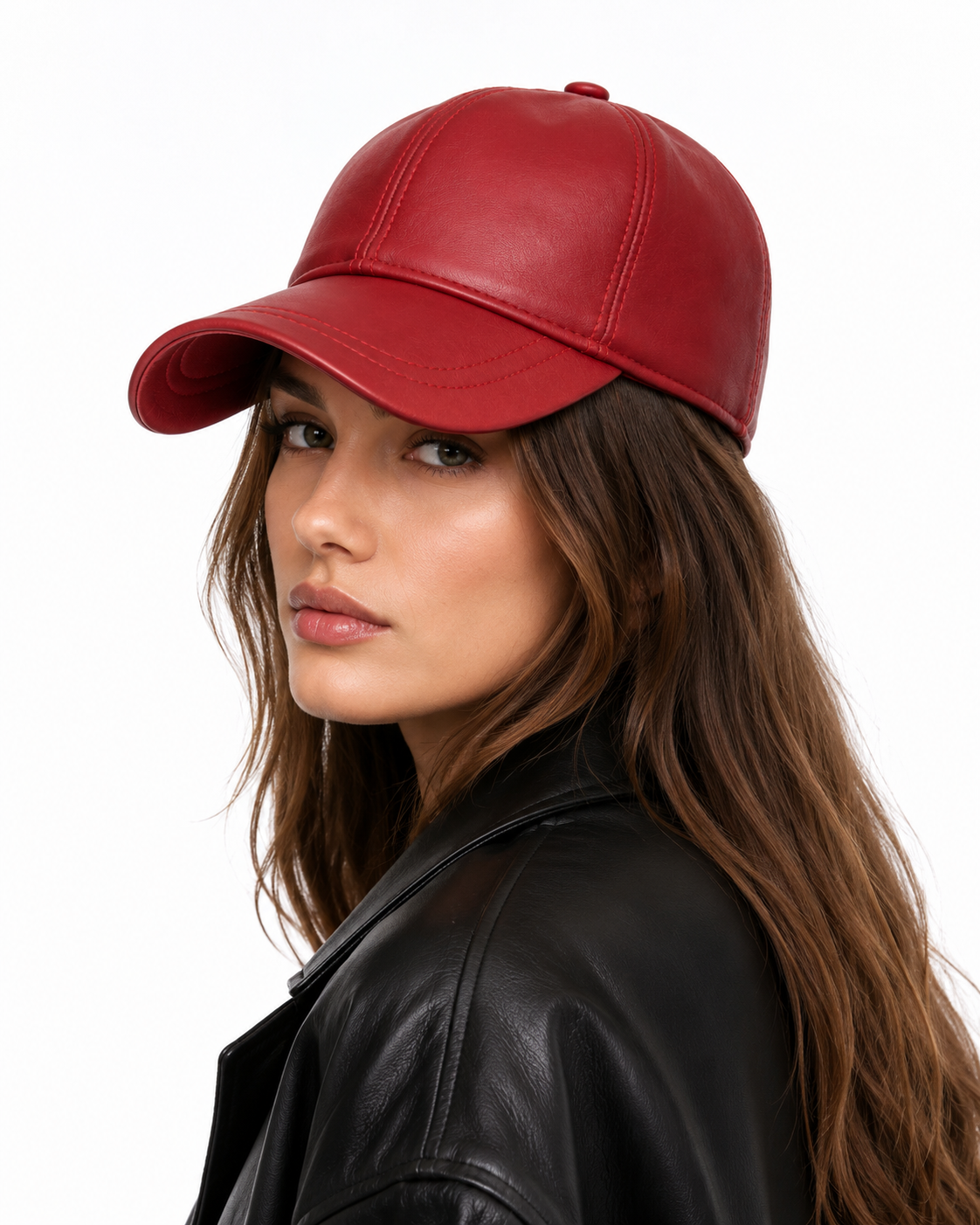 Cherry Red Genuine Leather Baseball Cap – Adjustable Unisex Leather Hat