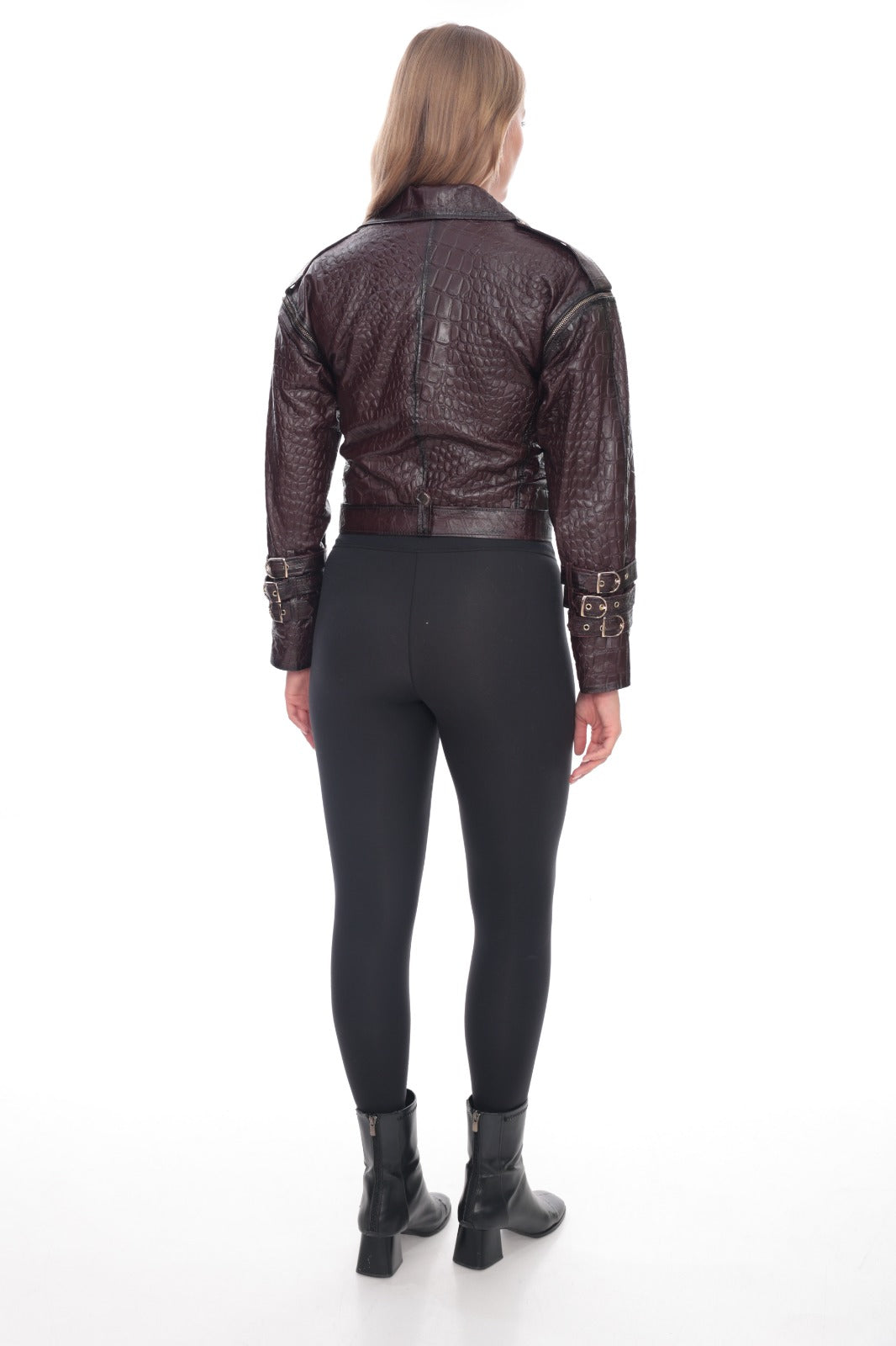 Mirea Burgundy Croc-Embossed Biker Jacket