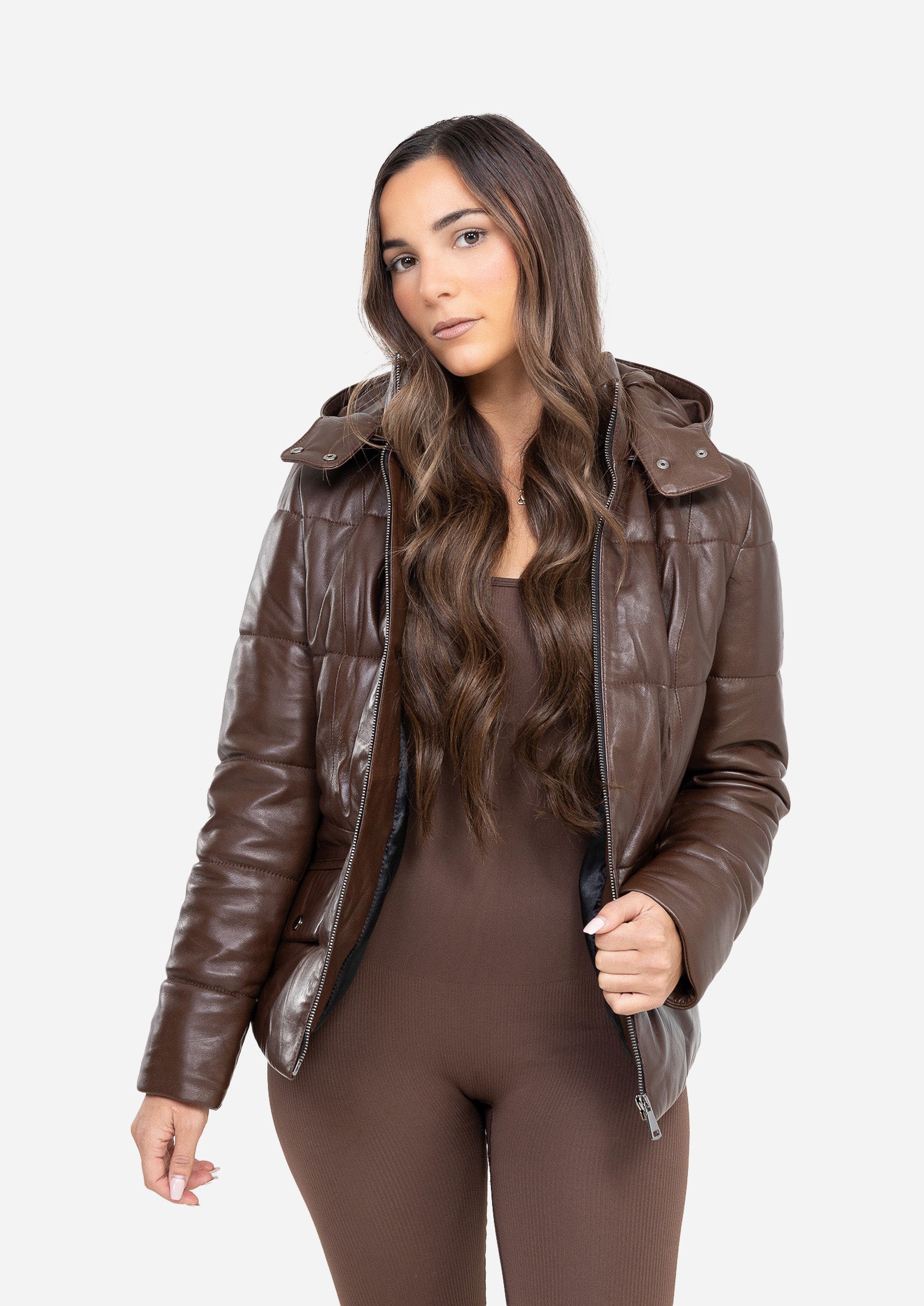 SIERRA HOODED BROWN GENUINE LEATHER PUFFER JACKET