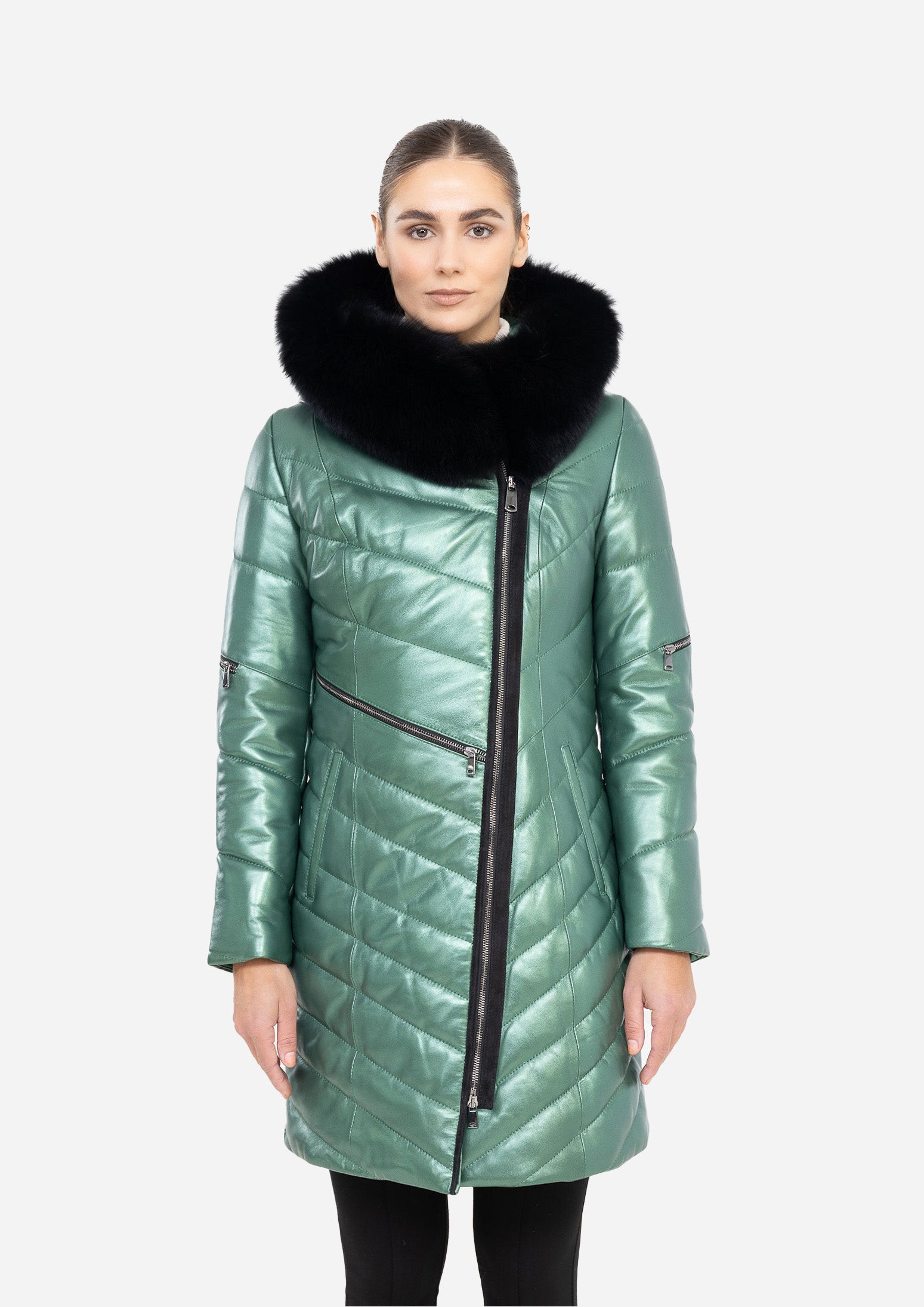 LUNÉVA MINT SAGE – Fur Collar Leather Down Puffer Parka