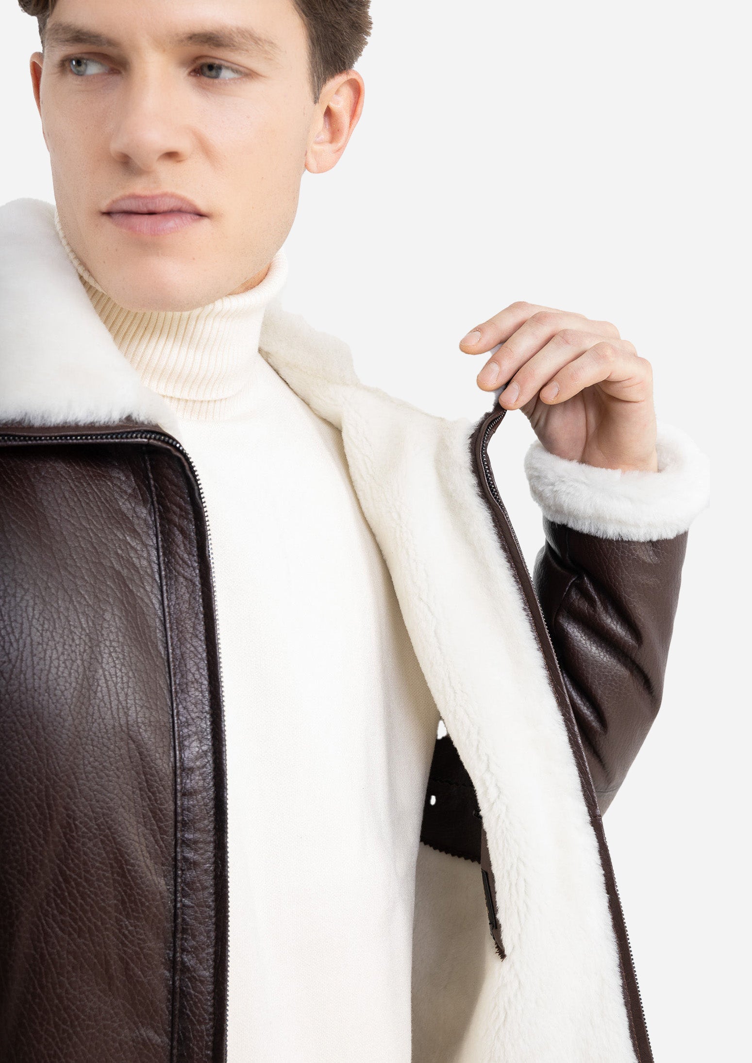 Livigno Genuine Lambskin Black Leather Jacket with Quilted Shoulder Panels and White Shearling Trim Brown