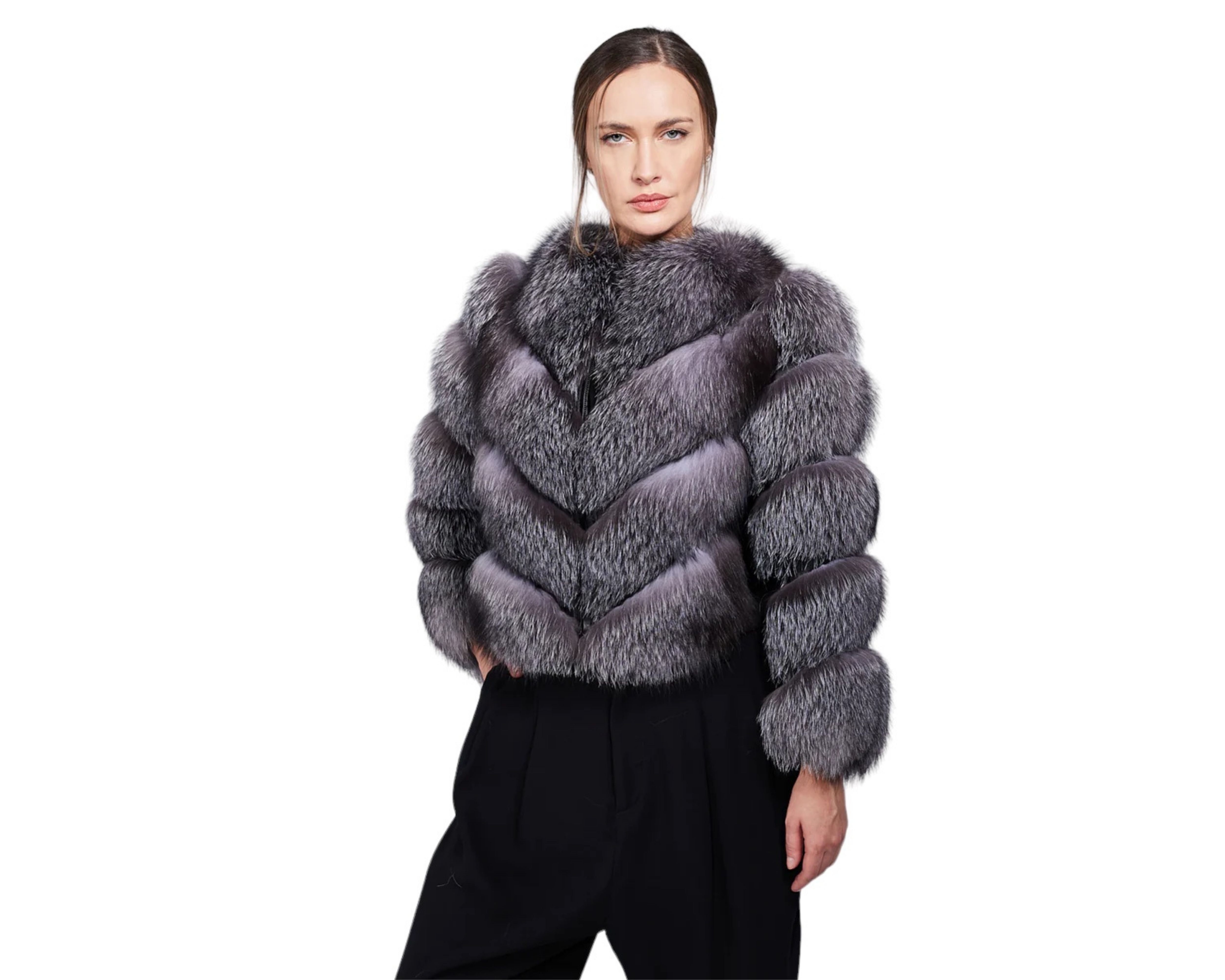 Valenza Silver Women’s Grey Genuine Fox Fur Jacket with Chevron Pattern Design