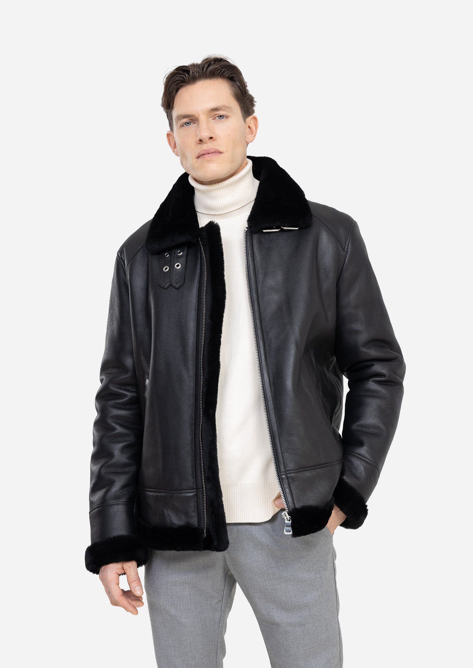Cortina Genuine Lambskin Black Leather Aviator Jacket with Authentic Fox Fur Trim