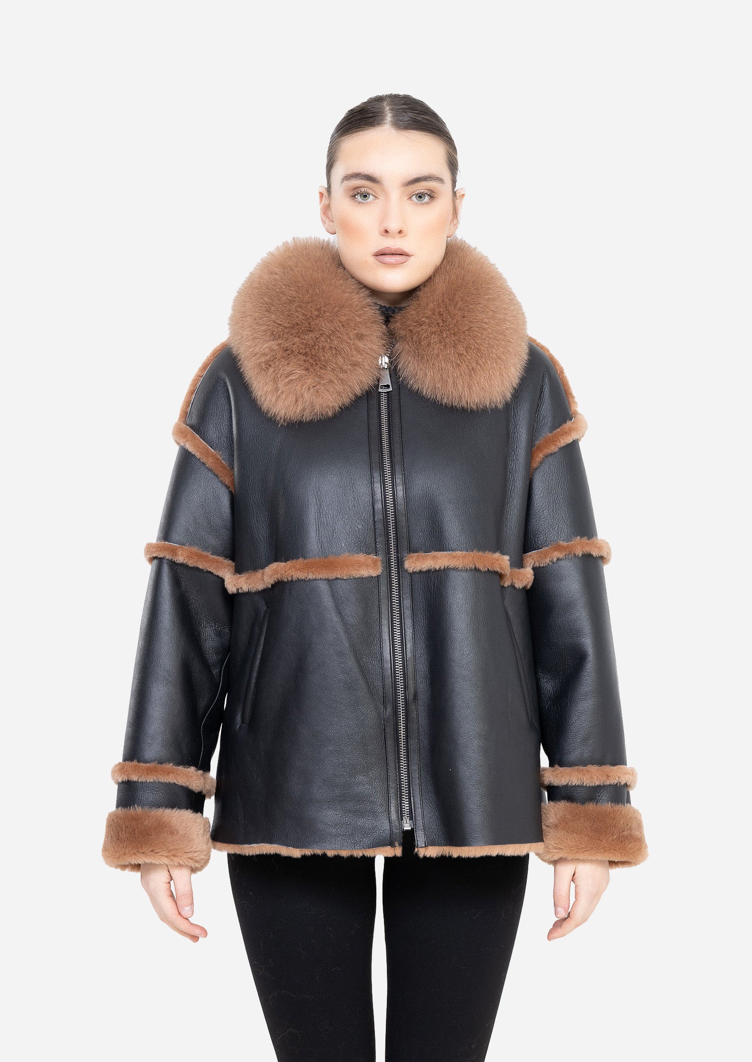 NOIR ÉCLAT – Black Shearling Leather Jacket Black-Brown