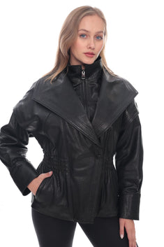 Zelvia Leather Oversized Collar Jacket
