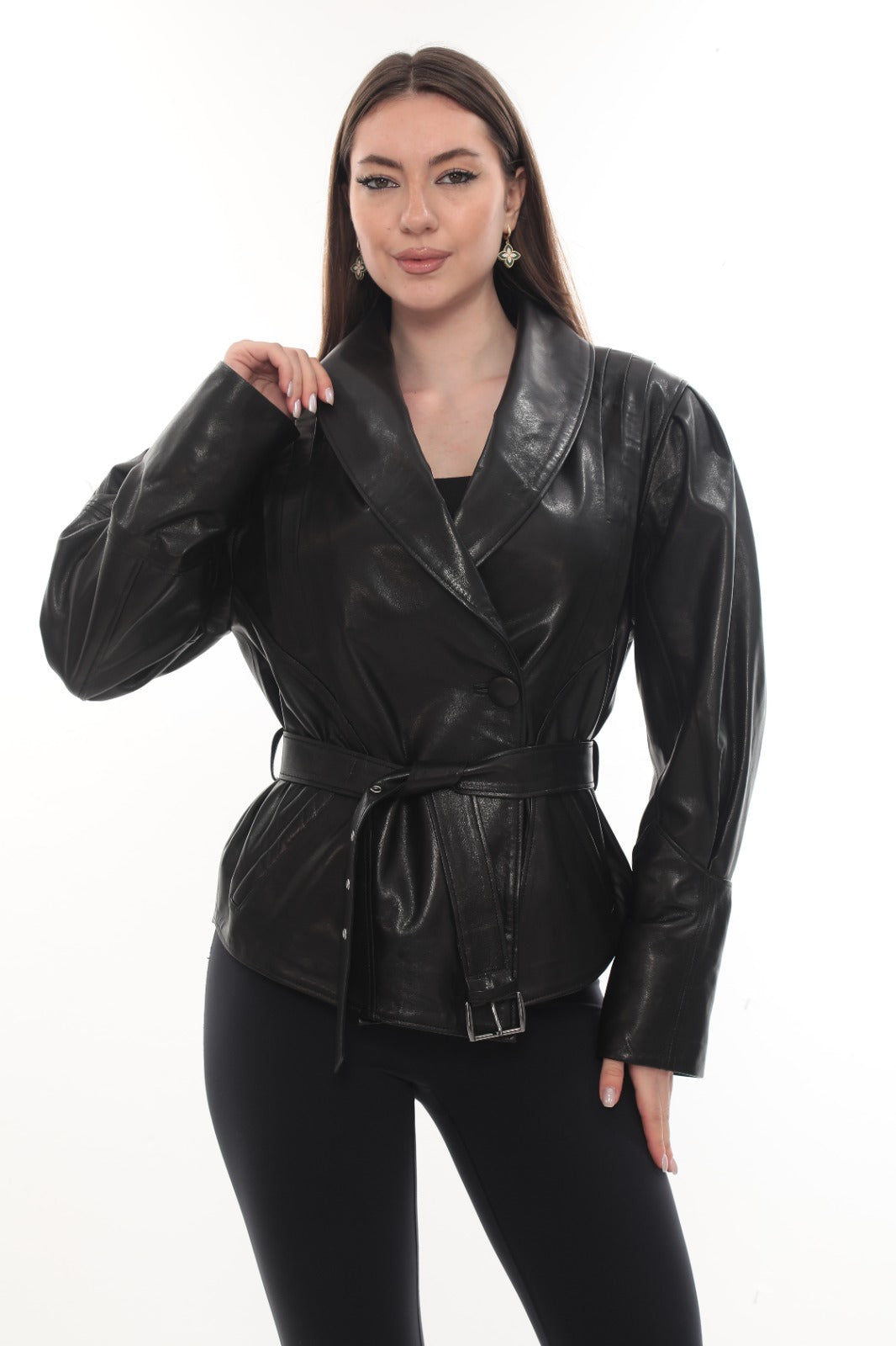 SORENZA Black Genuine Leather Belted Jacket