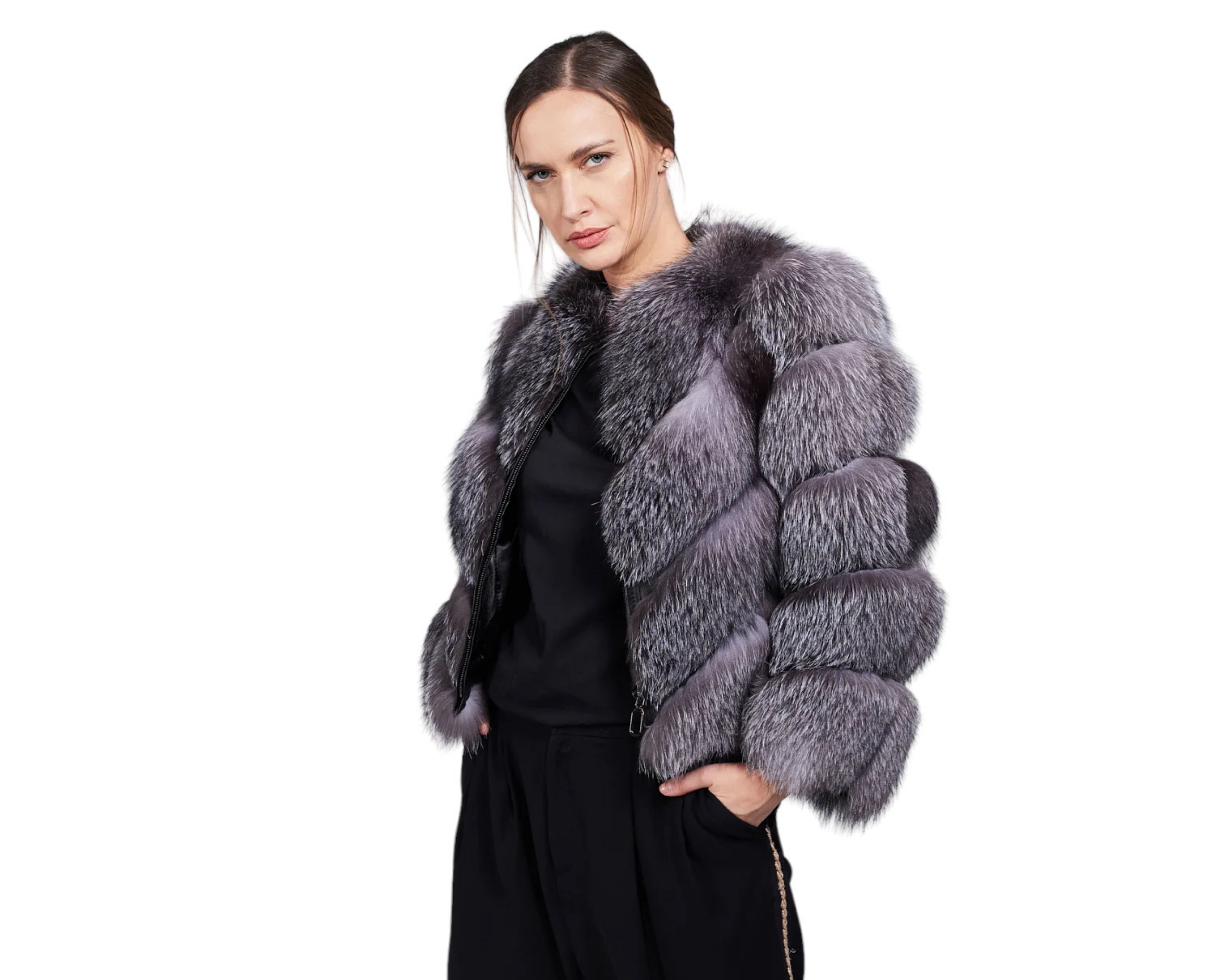 Valenza Silver Women’s Grey Genuine Fox Fur Jacket with Chevron Pattern Design