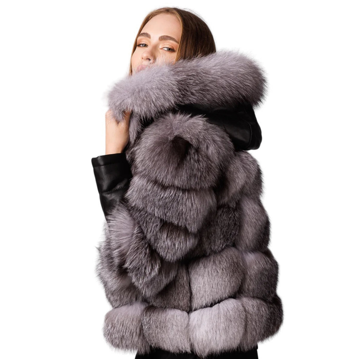 Sorelia Grey Fox Women’s Hooded Genuine Fox Fur Jacket with Leather Details