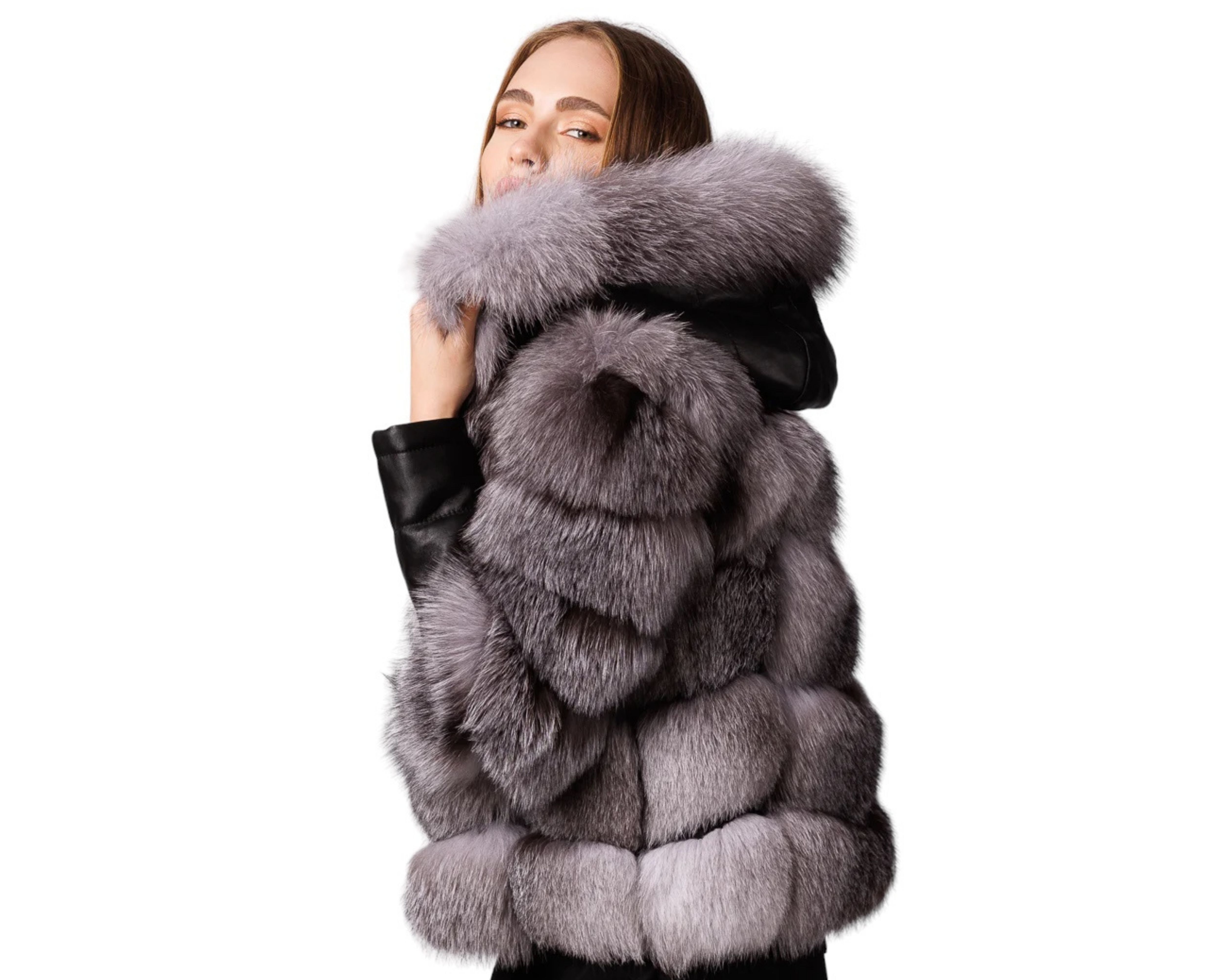 Sorelia Grey Fox Women’s Hooded Genuine Fox Fur Jacket with Leather Details