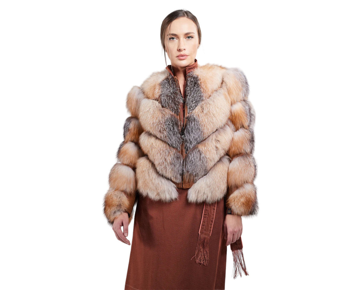 Valenza Silver Women’s Grey Genuine Fox Fur Jacket with Chevron Pattern Design Brown