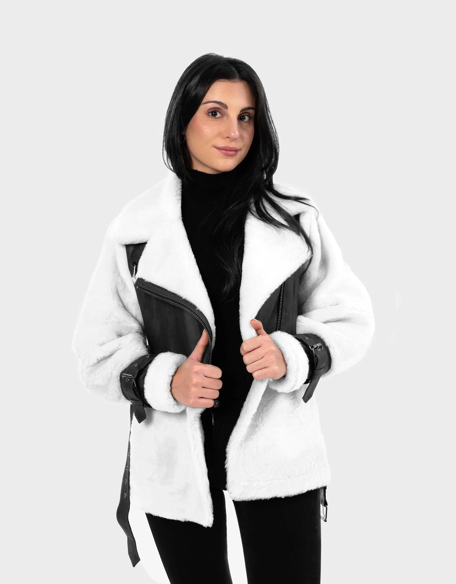 VAREL Black Genuine Shearling Leather with Belt