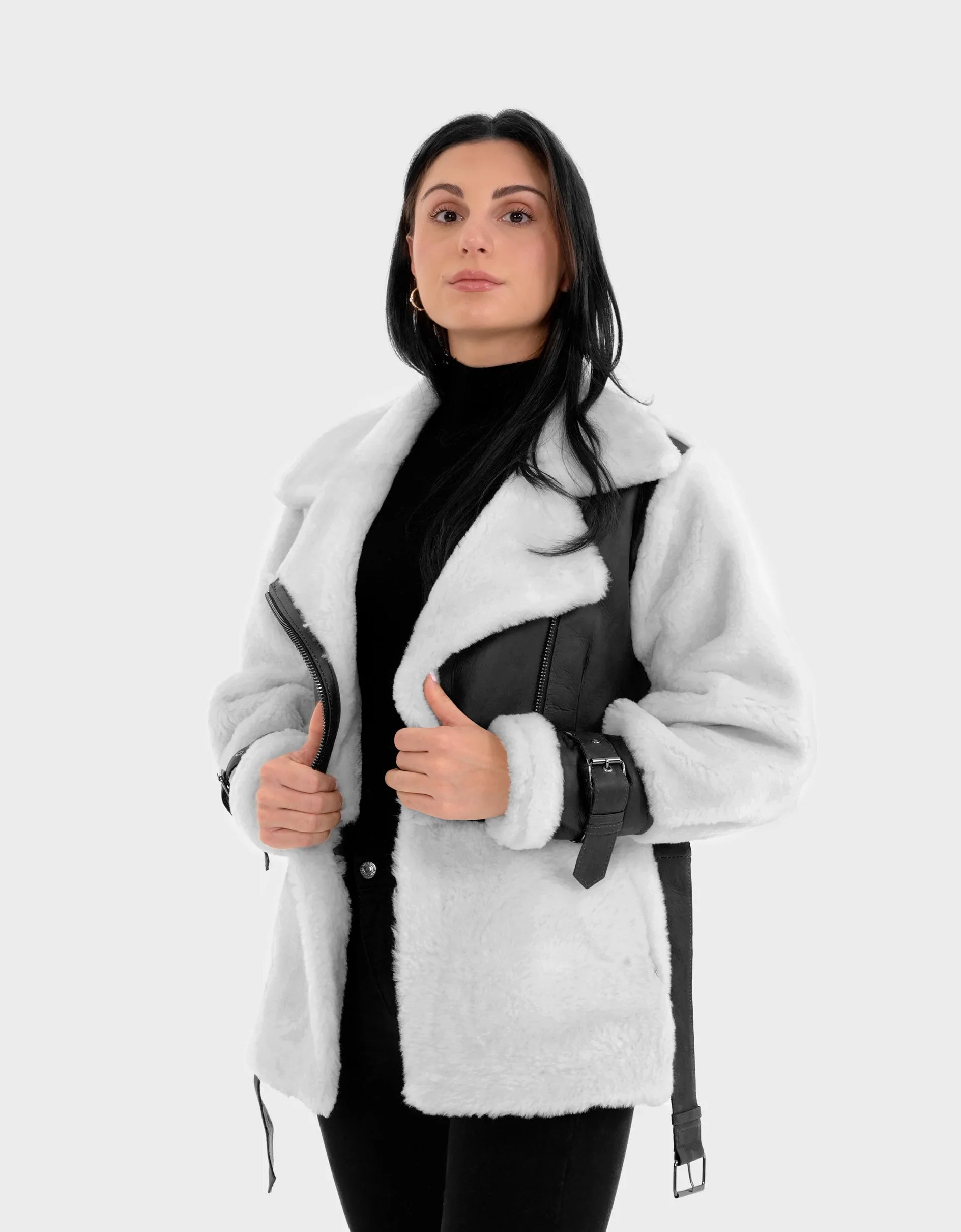 VAREL Black Genuine Shearling Leather with Belt