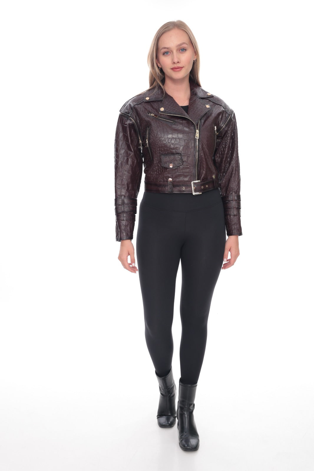 Mirea Burgundy Croc-Embossed Biker Jacket