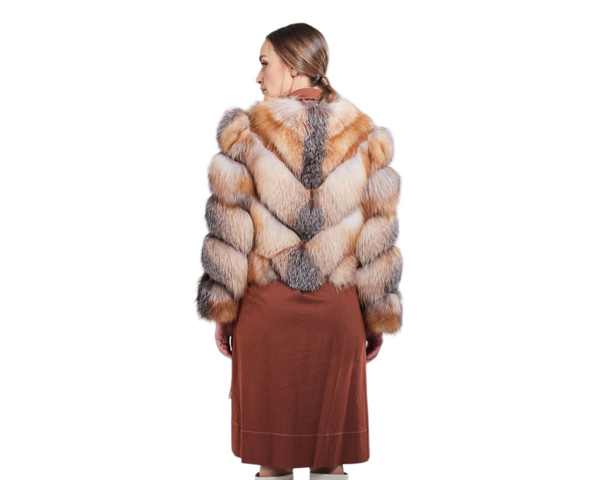 Valenza Silver Women’s Grey Genuine Fox Fur Jacket with Chevron Pattern Design Brown