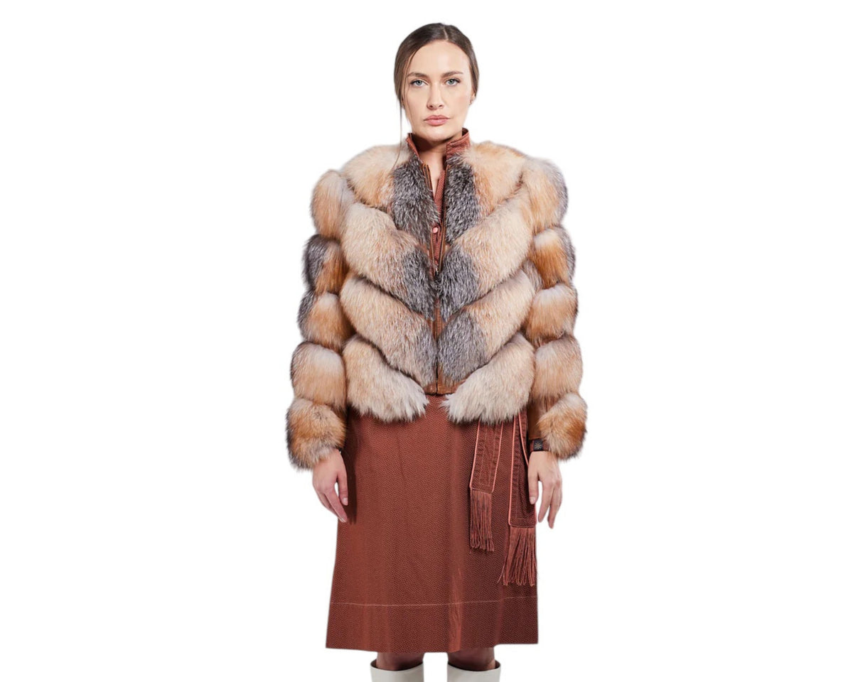 Valenza Silver Women’s Grey Genuine Fox Fur Jacket with Chevron Pattern Design Brown