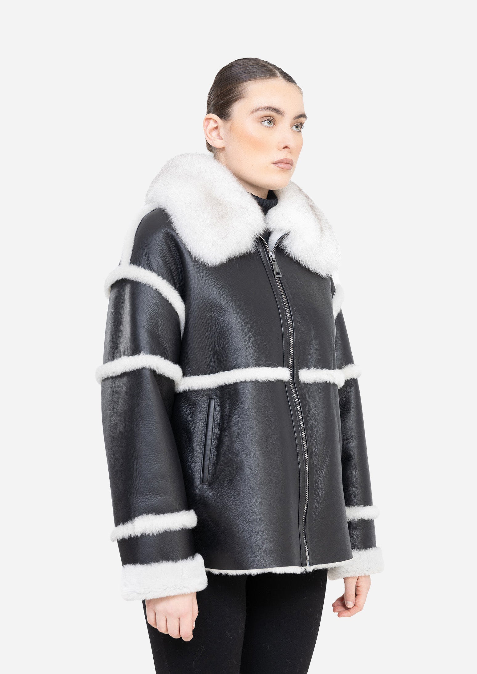 NOIR ÉCLAT – Black Shearling Leather Jacket Black-White