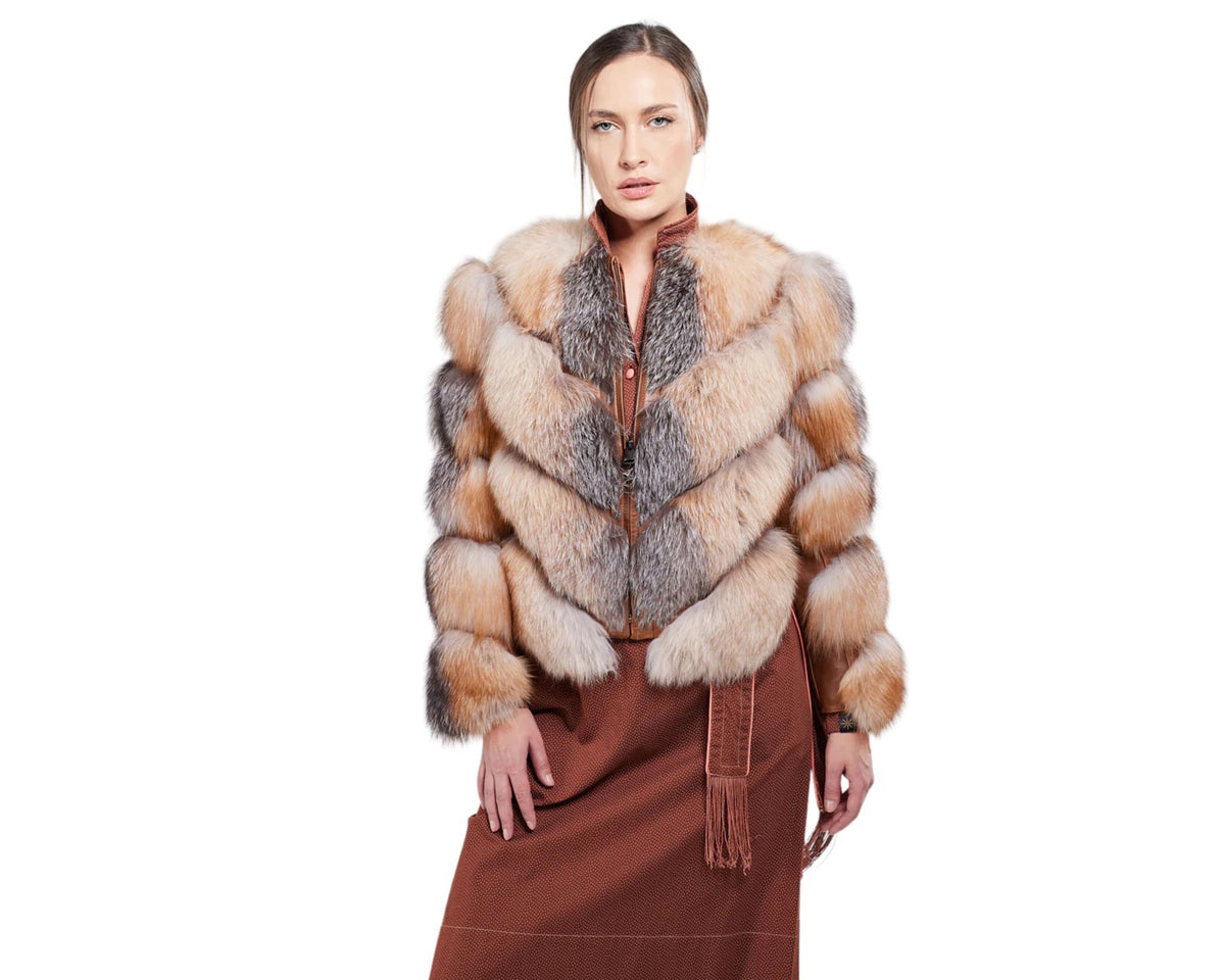 Valenza Silver Women’s Grey Genuine Fox Fur Jacket with Chevron Pattern Design Brown