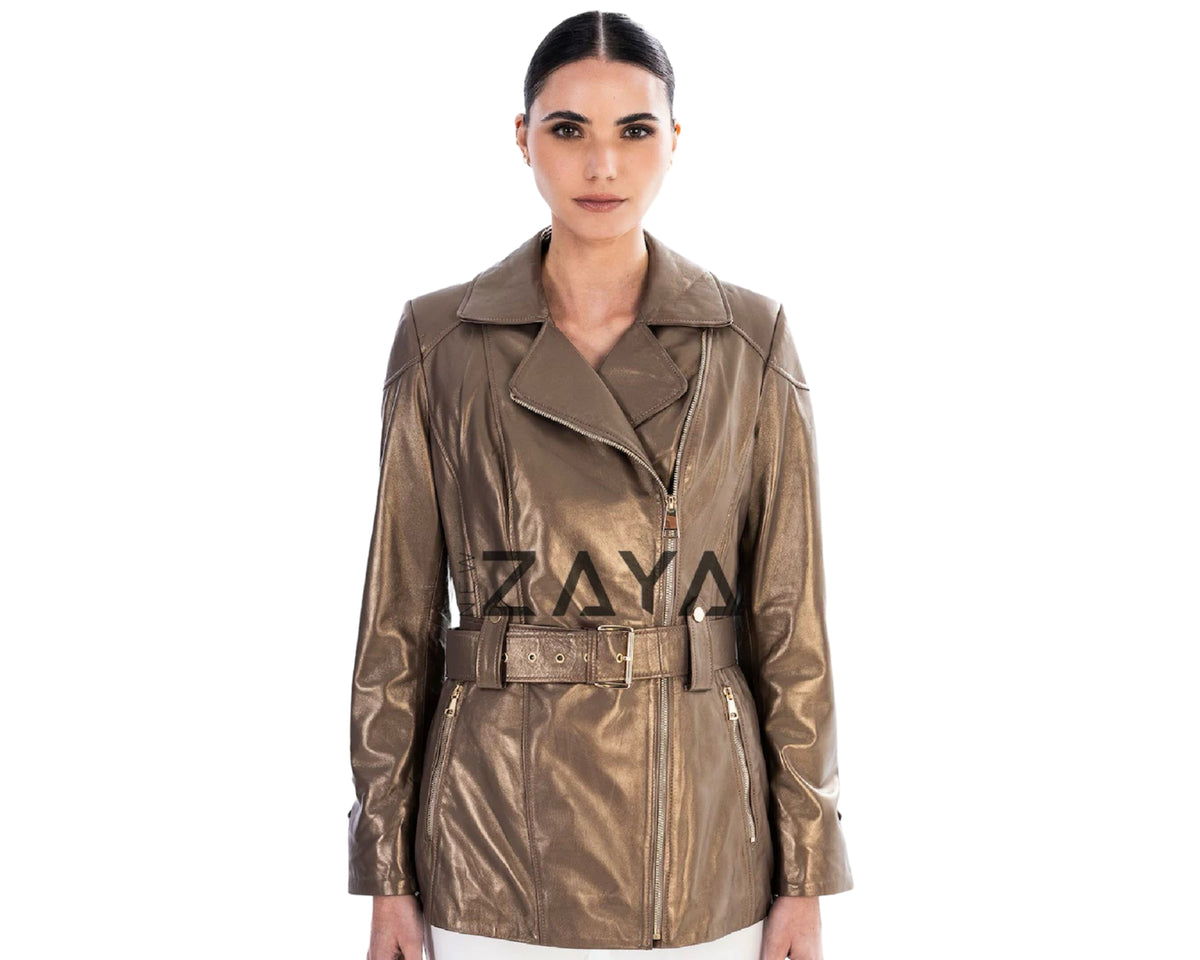 VÉRITÉ NOIR –  Black Belted Leather Trench Jacket Bronze