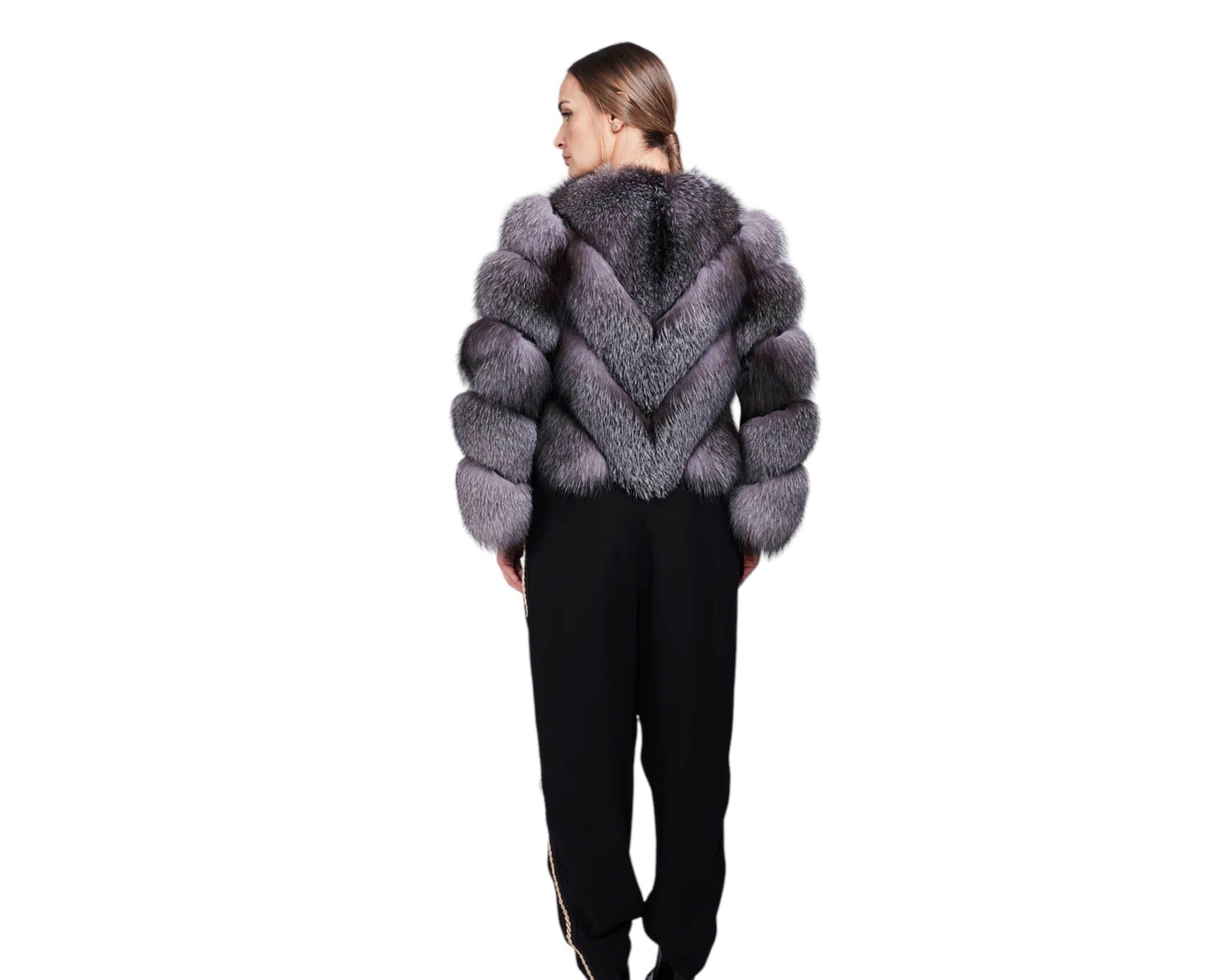 Valenza Silver Women’s Grey Genuine Fox Fur Jacket with Chevron Pattern Design