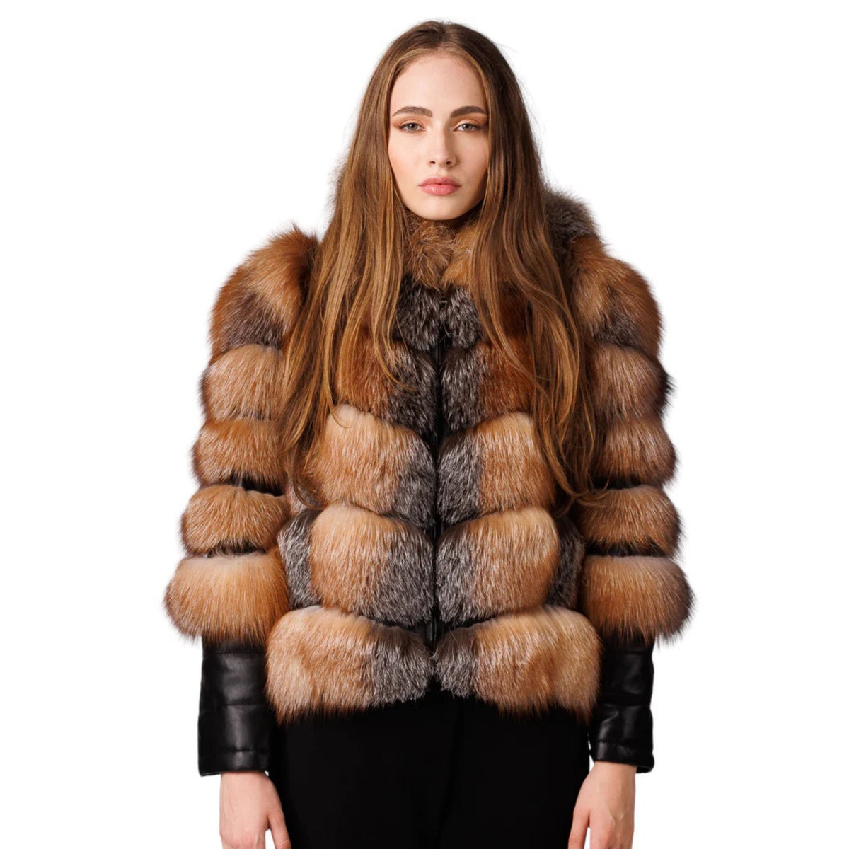 Sorelia Brown Fox Women’s Hooded Genuine Fox Fur Jacket with Leather Details