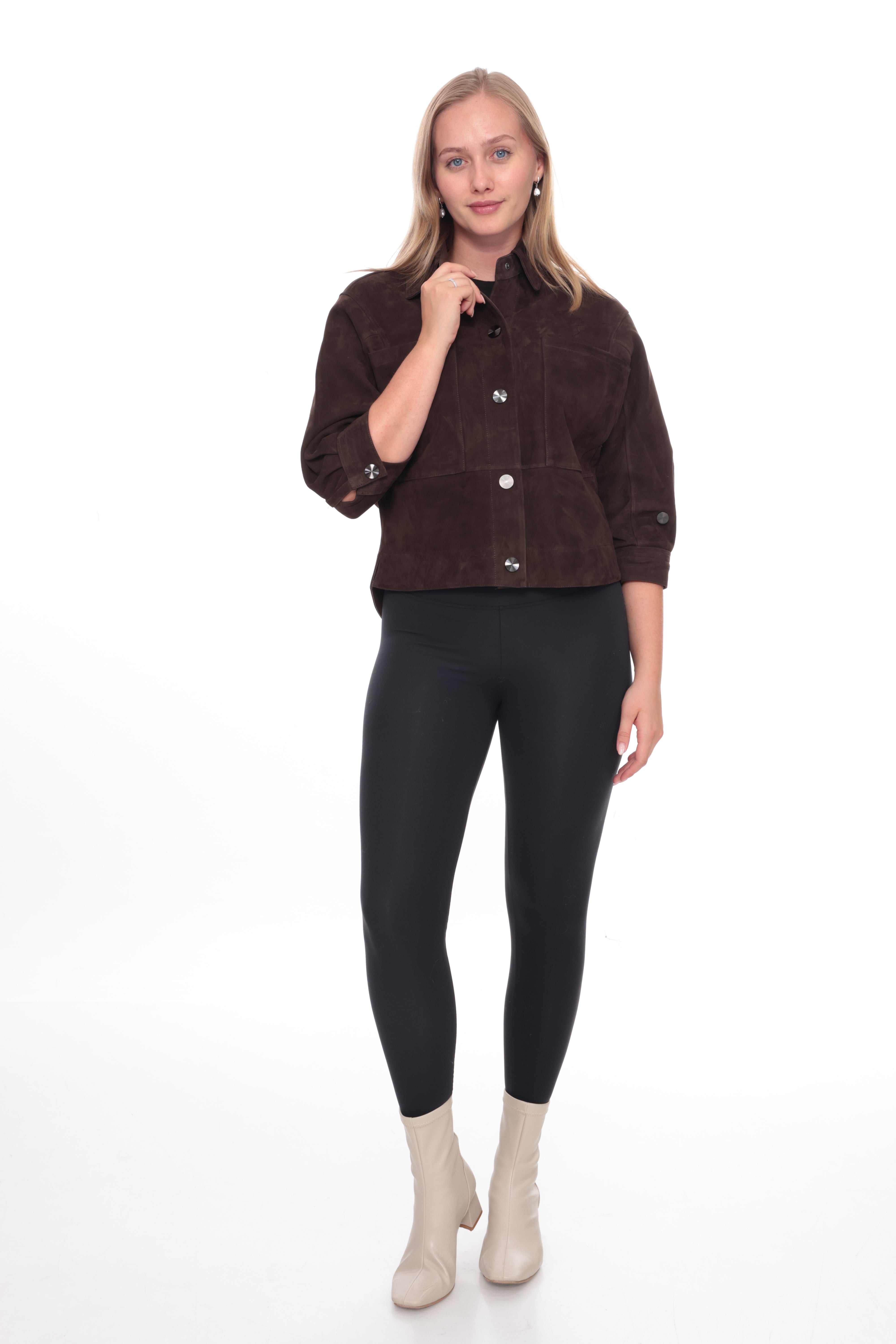 SELORA Dark Brown Genuine Suede Cropped Shirt Jacket