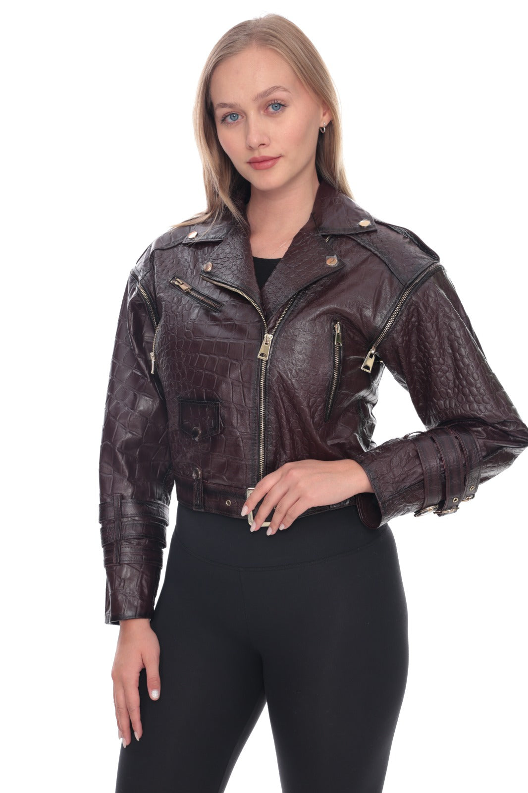 Mirea Burgundy Croc-Embossed Biker Jacket
