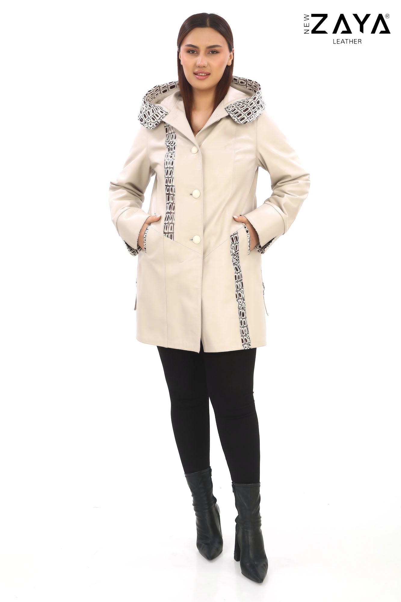 ÉLYSA CROCO – Hooded Leather Trench Coat Beige