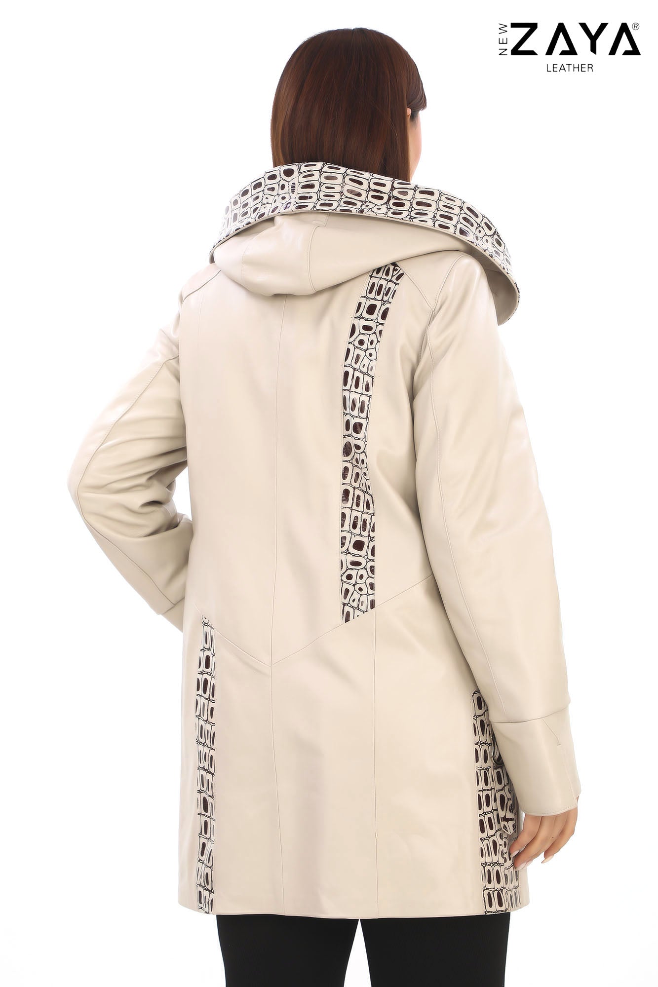 ÉLYSA CROCO – Hooded Leather Trench Coat Beige