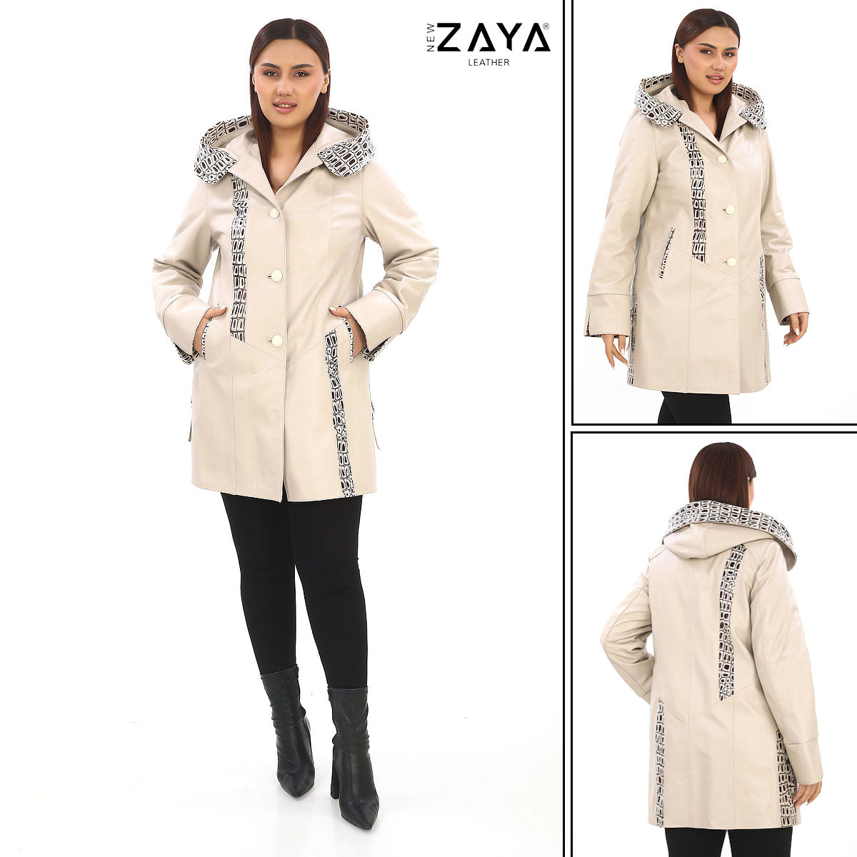ÉLYSA CROCO – Hooded Leather Trench Coat Beige