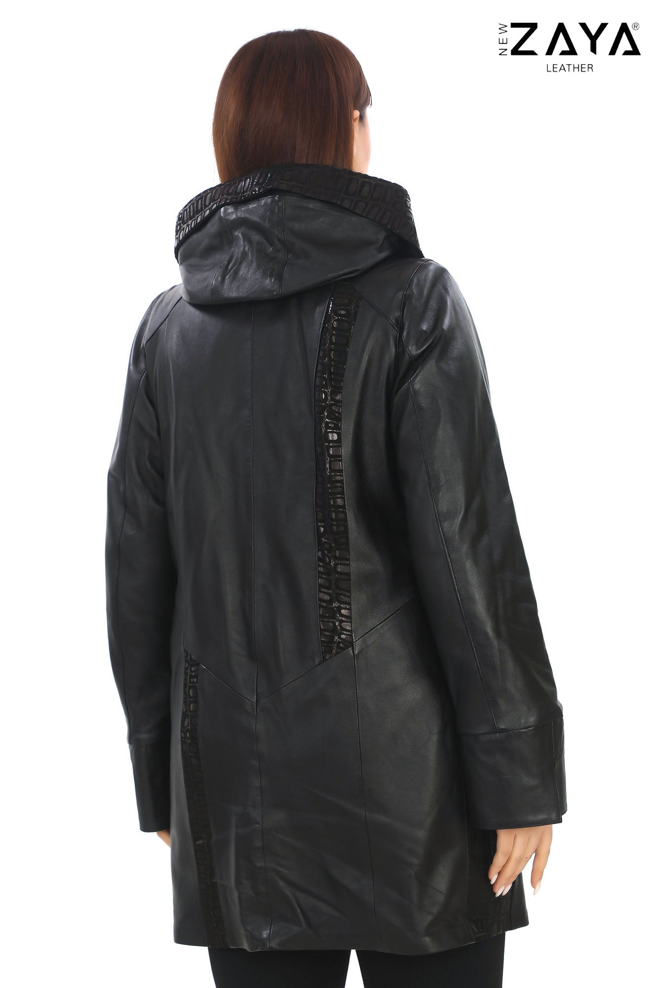 ÉLYSA CROCO – Hooded Leather Trench Coat Black