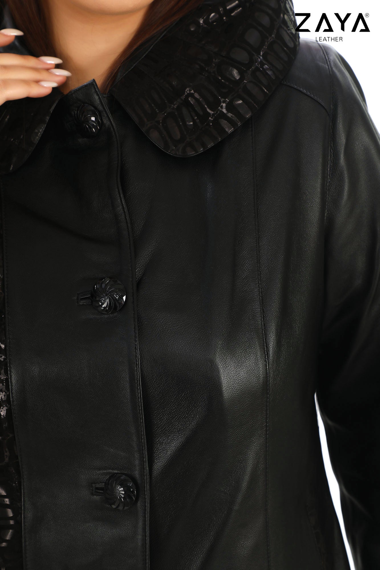ÉLYSA CROCO – Hooded Leather Trench Coat Black