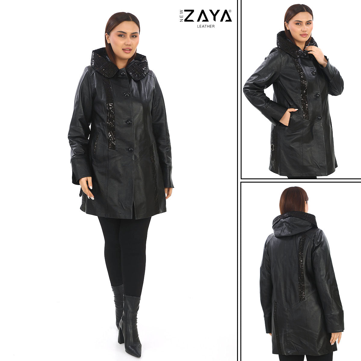ÉLYSA CROCO – Hooded Leather Trench Coat Black