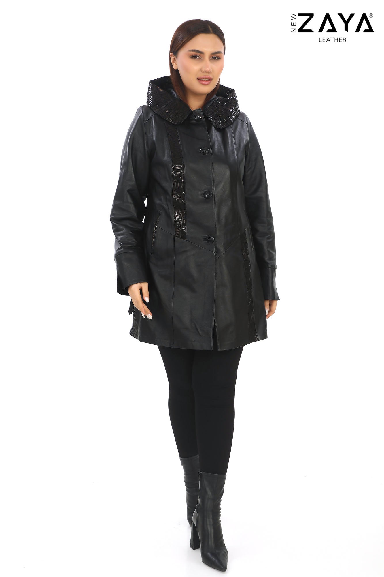 ÉLYSA CROCO – Hooded Leather Trench Coat Black