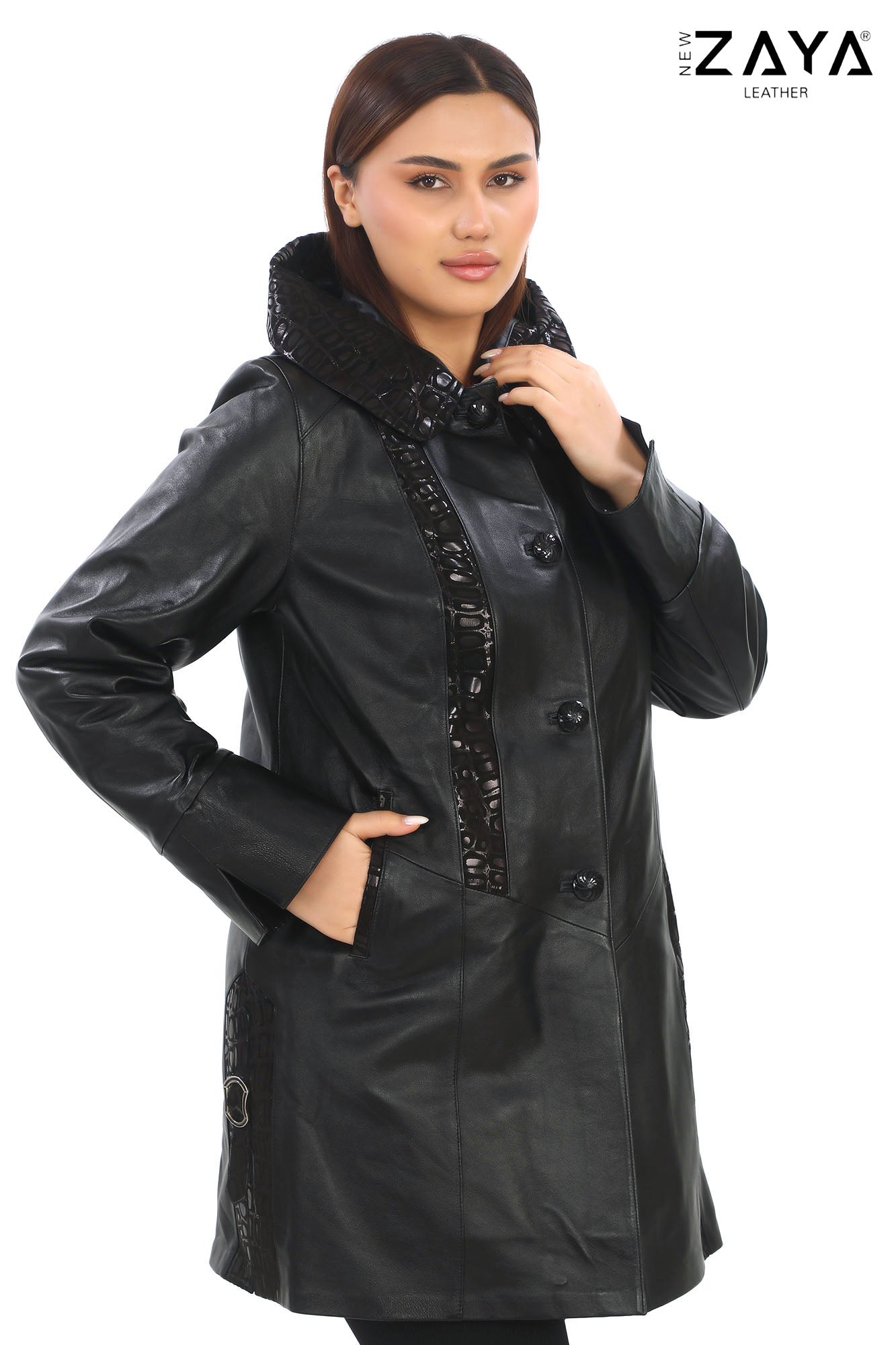 ÉLYSA CROCO – Hooded Leather Trench Coat Black