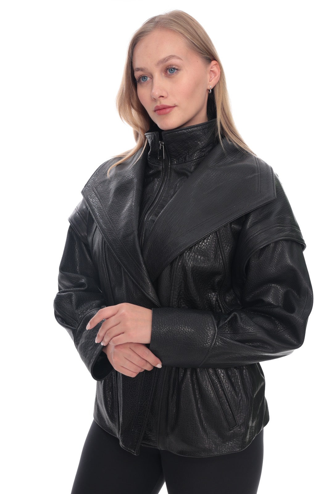 Zelvia Leather Oversized Collar Jacket