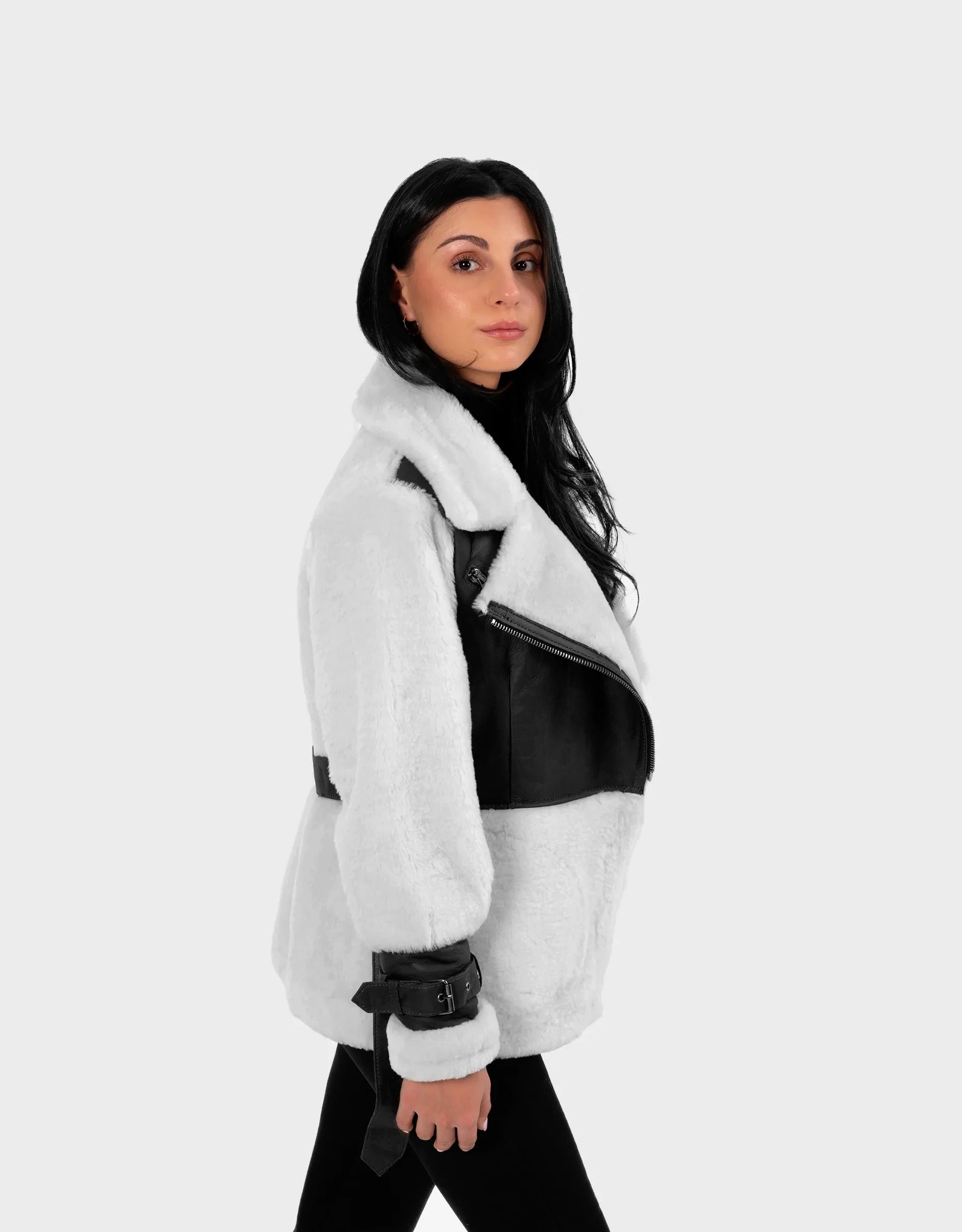 VAREL Black Genuine Shearling Leather with Belt