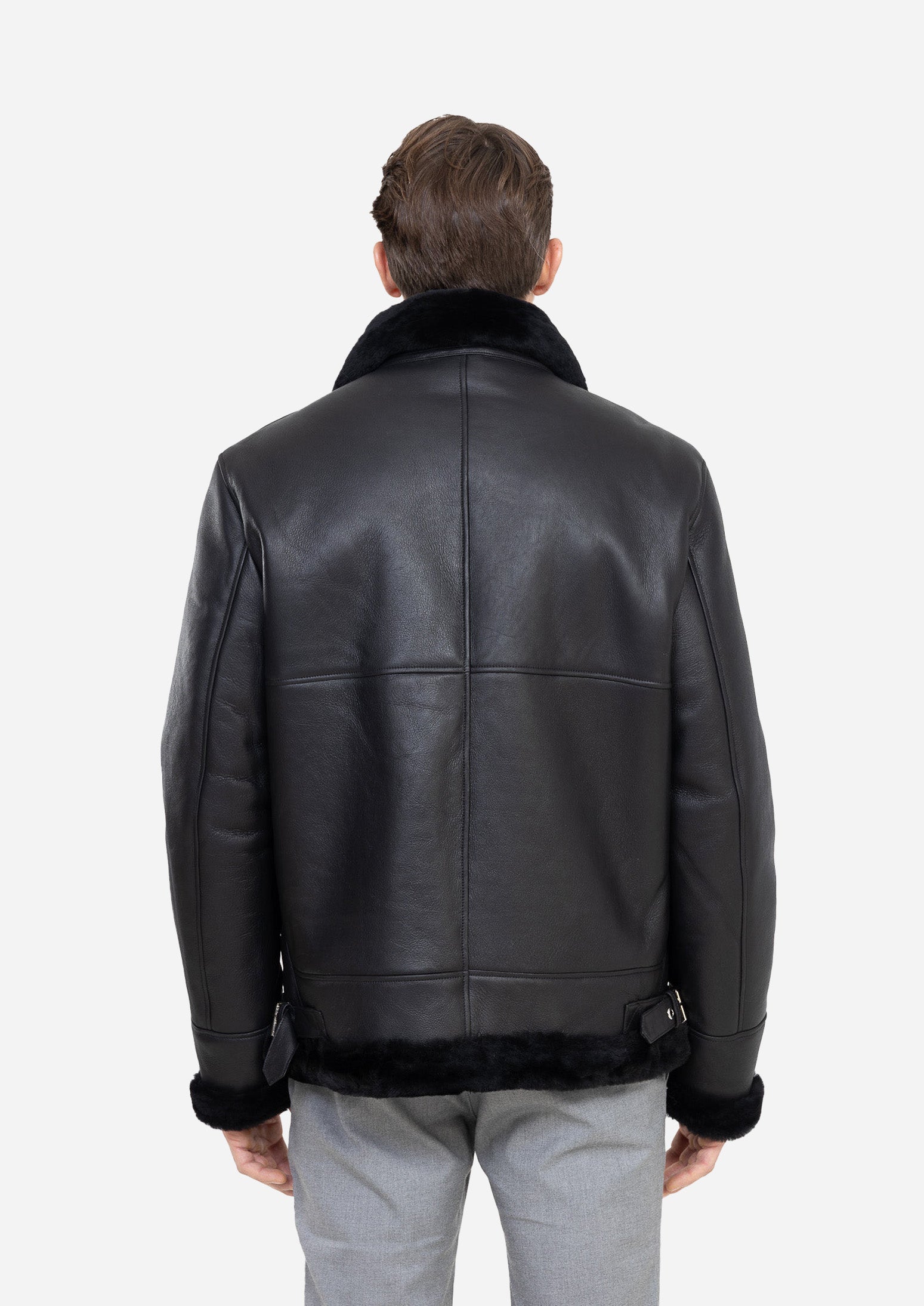 Cortina Genuine Lambskin Black Leather Aviator Jacket with Authentic Fox Fur Trim