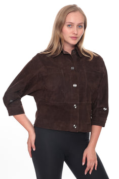 SELORA Dark Brown Genuine Suede Cropped Shirt Jacket